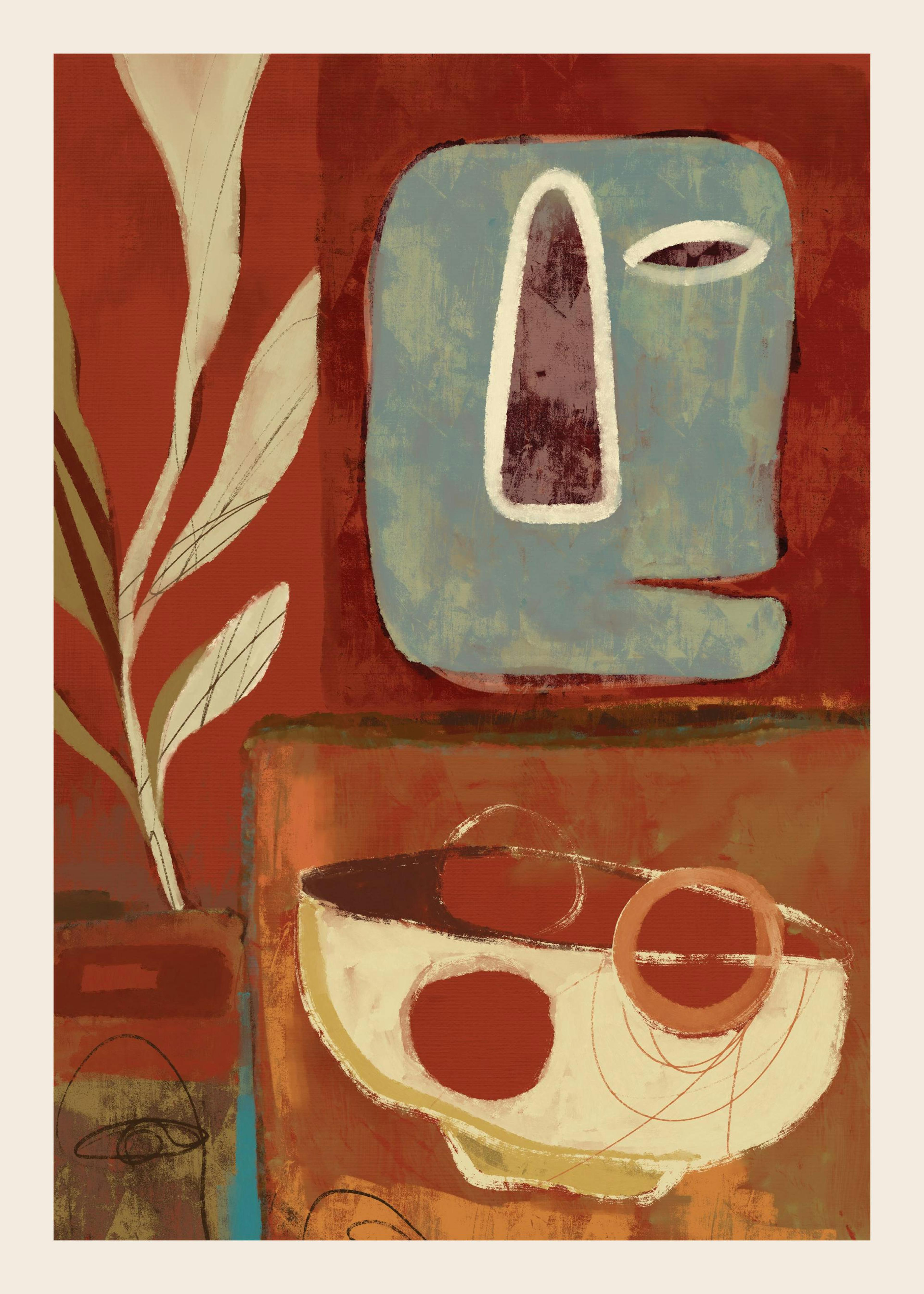 Póster abstracto con una cara azul, una planta y un cuenco con círculos sobre un fondo rojo y marrón.