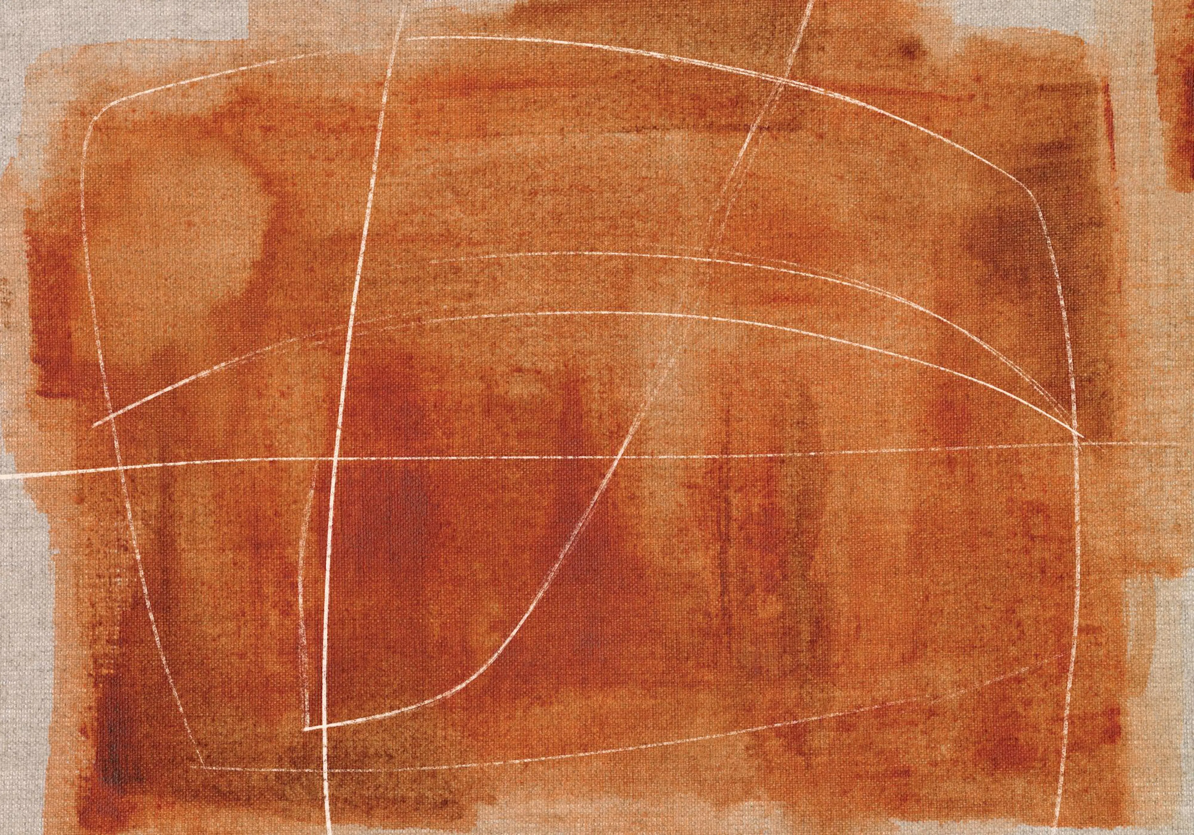 Earth-toned abstract print with warm terracotta and sienna reds, featuring white linear and curved brushstrokes.