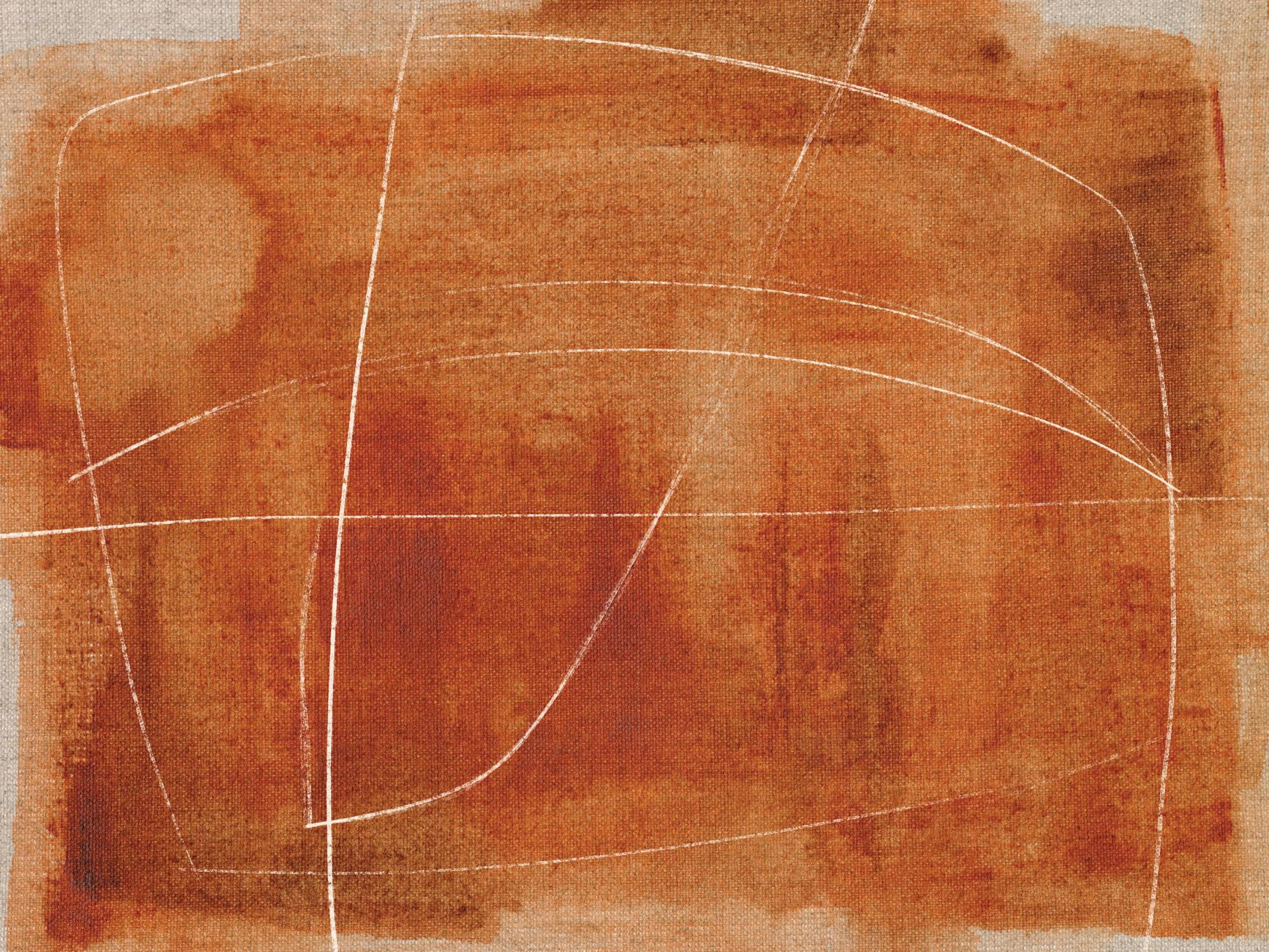 Abstract print with orange and brown painterly strokes on a light background, accented by thin white lines.