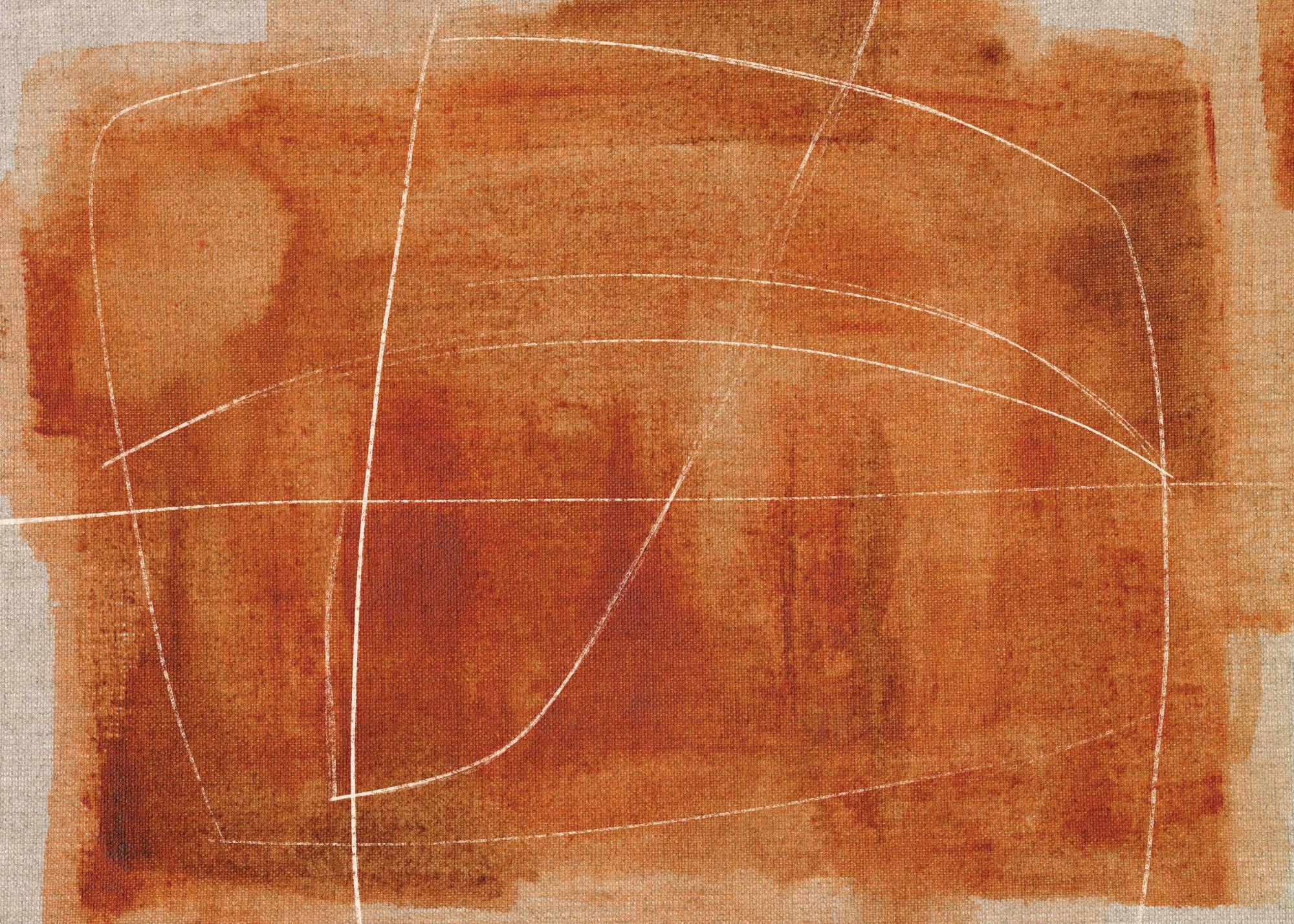 Póster abstracto con formas rectangulares en tonos terracota y ocre, con líneas blancas finas.