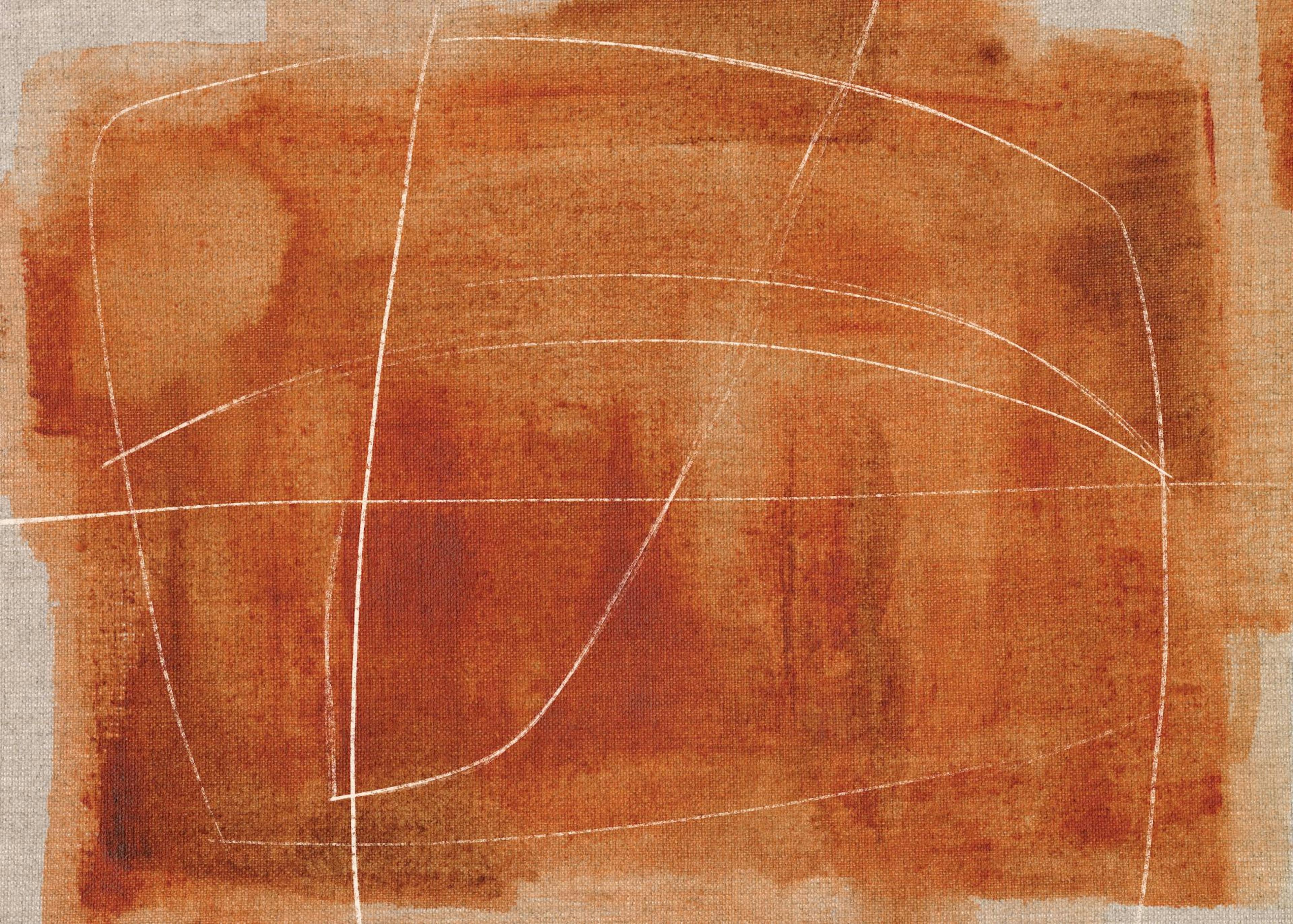 Póster abstracto con formas rectangulares en tonos terracota y ocre, con líneas blancas finas.