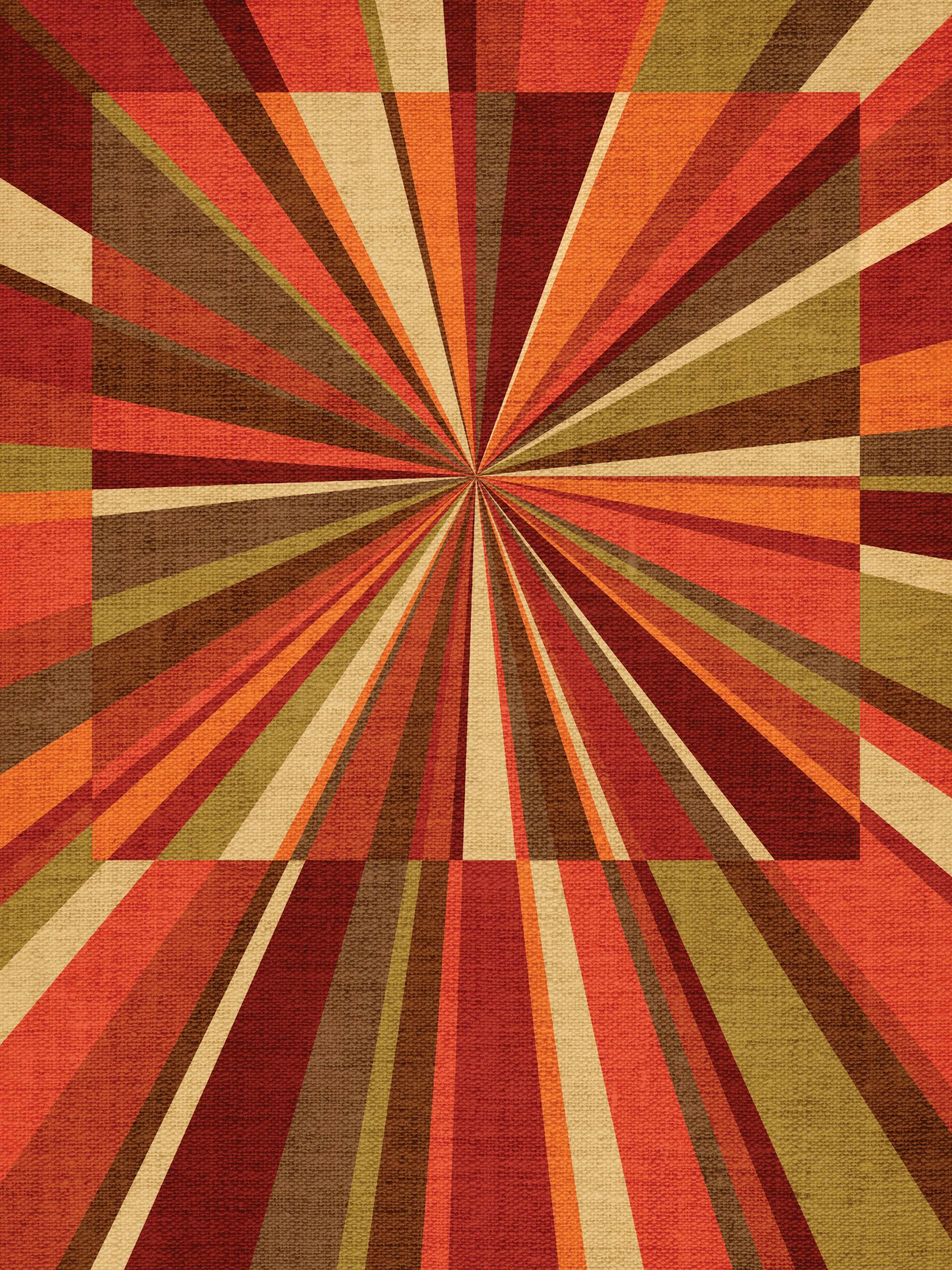 Póster de arte abstracto con un estallido de líneas en tonos rojizos, marrones, naranjas, verdes y crema.