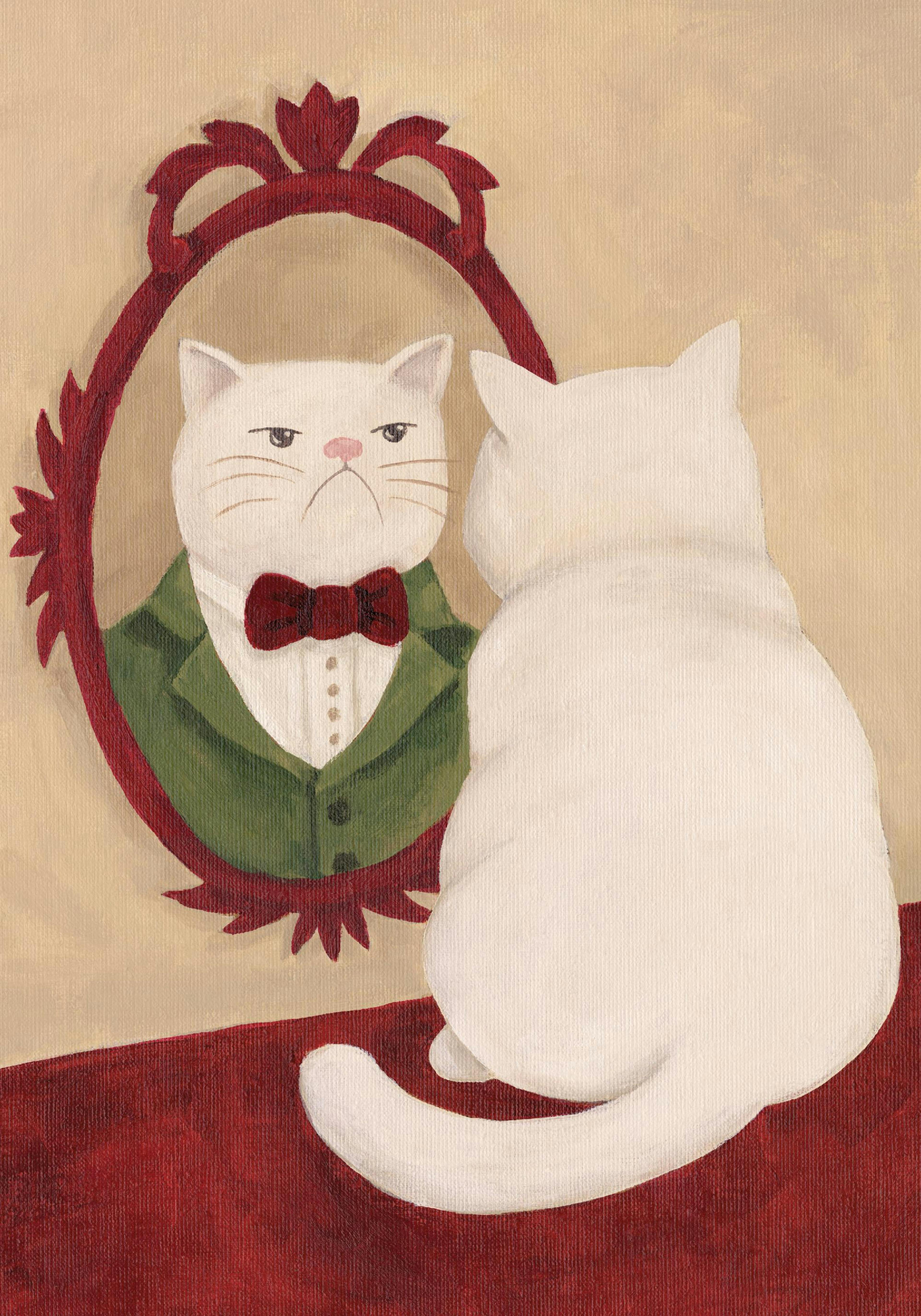 Póster de un gato blanco que se mira al espejo, reflejando su imagen como un gato elegante con un esmoquin verde y pajarita roja