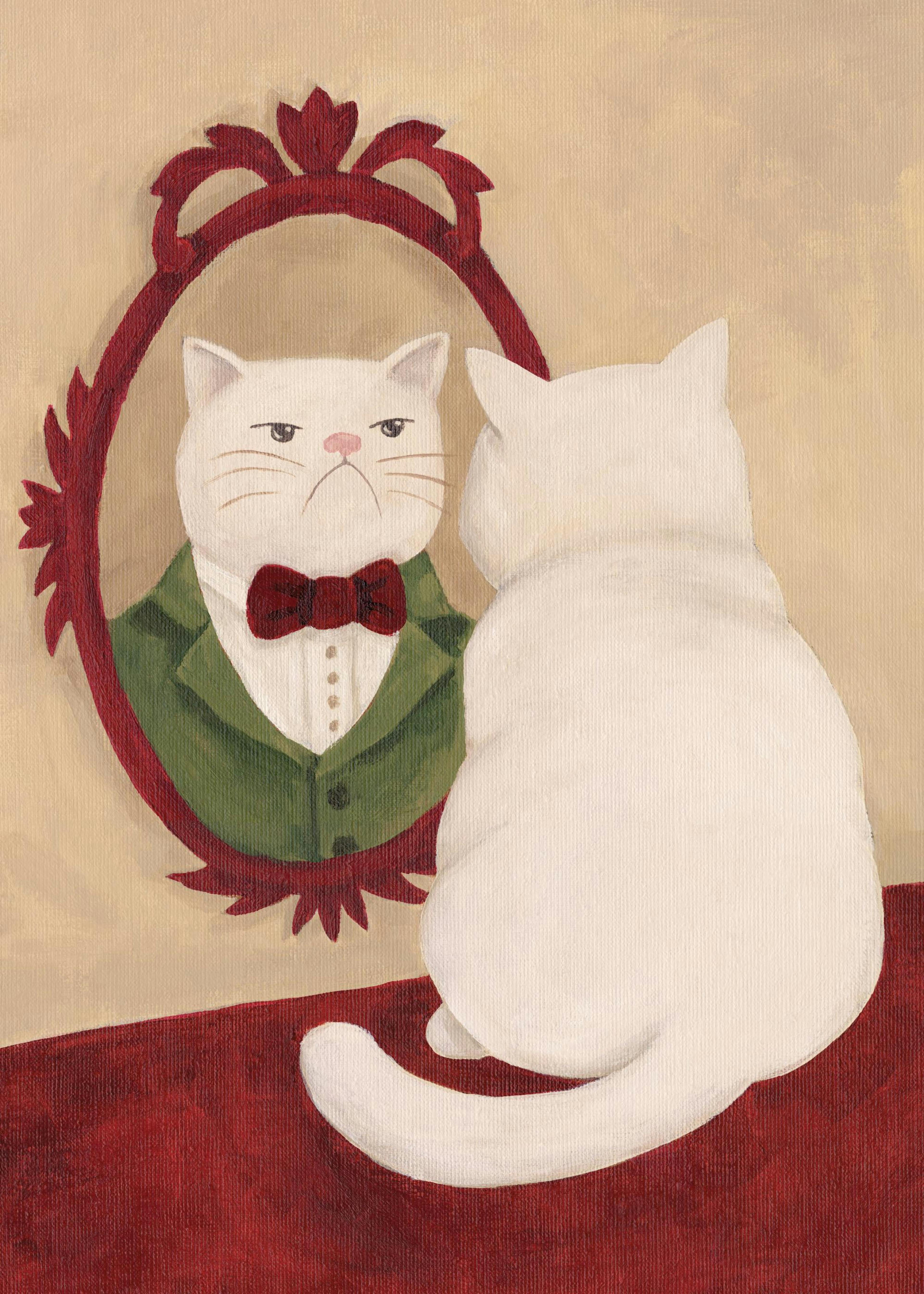 Póster de un gato blanco que se mira al espejo, reflejando su imagen como un gato elegante con un esmoquin verde y pajarita roja