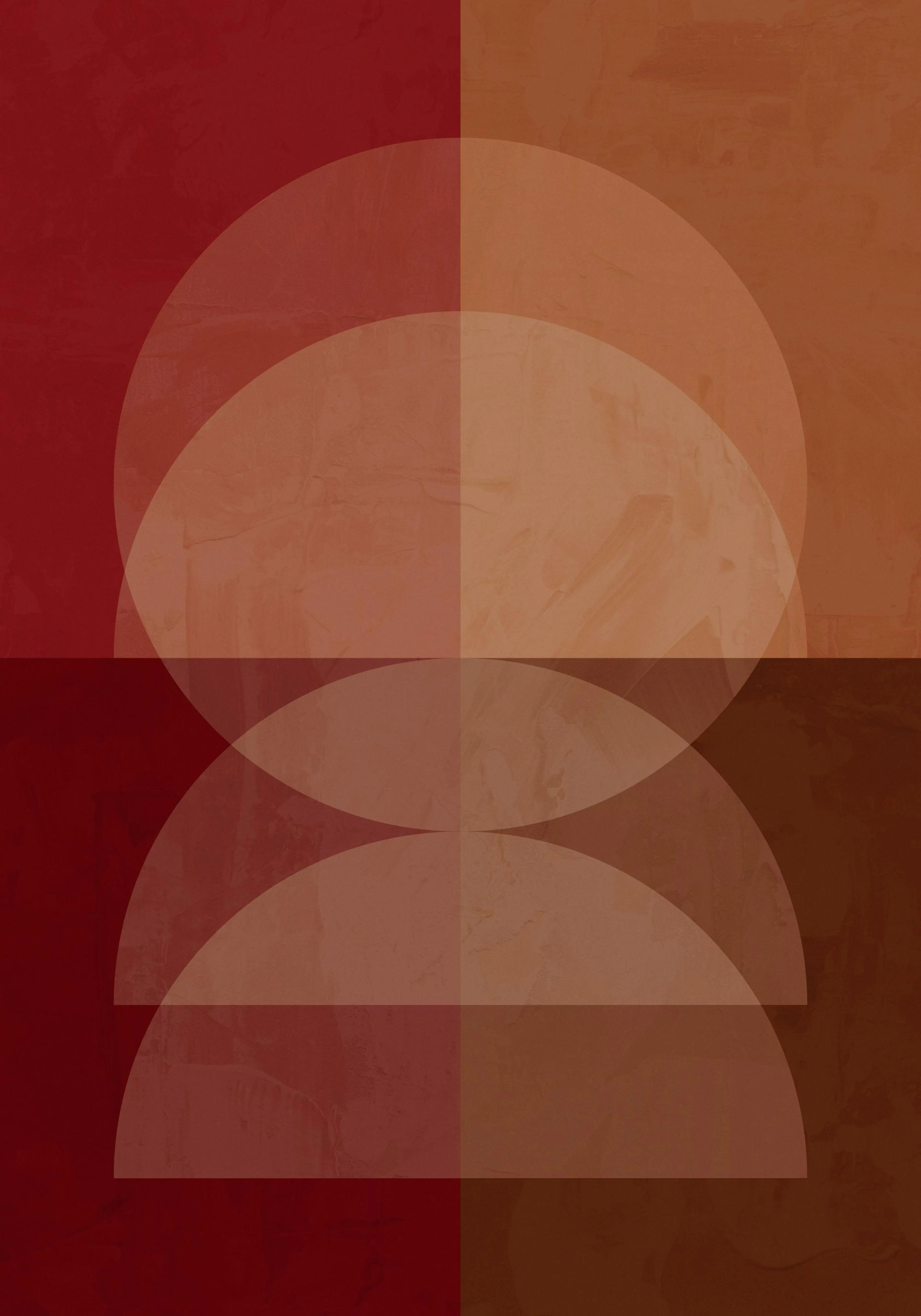 A print featuring four colour blocks in shades of red, orange, and brown with overlapping circles and semicircles.