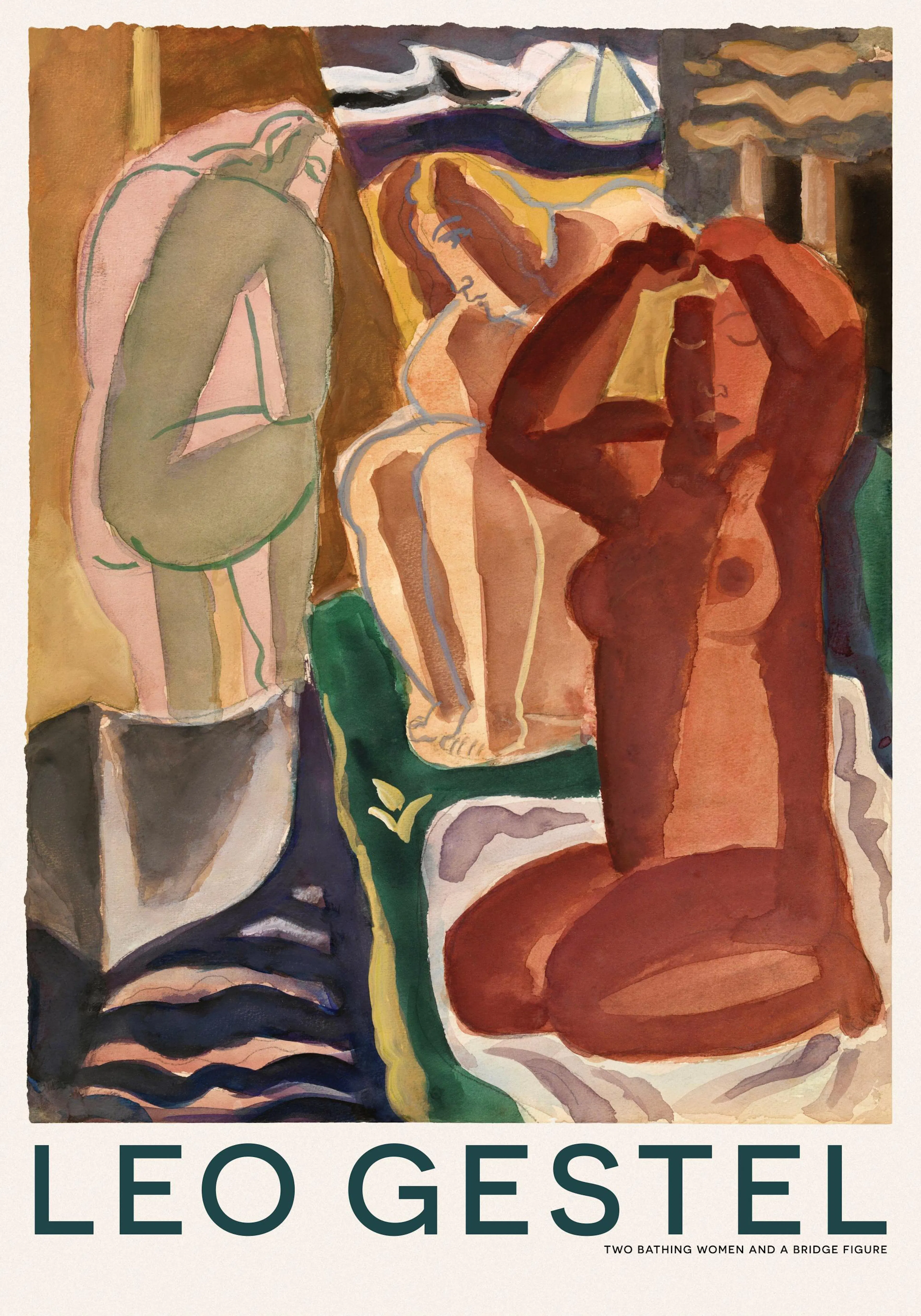 Affiche avec trois figures féminines nues dans des tons ocres, bruns et verts, sur un fond abstrait.
