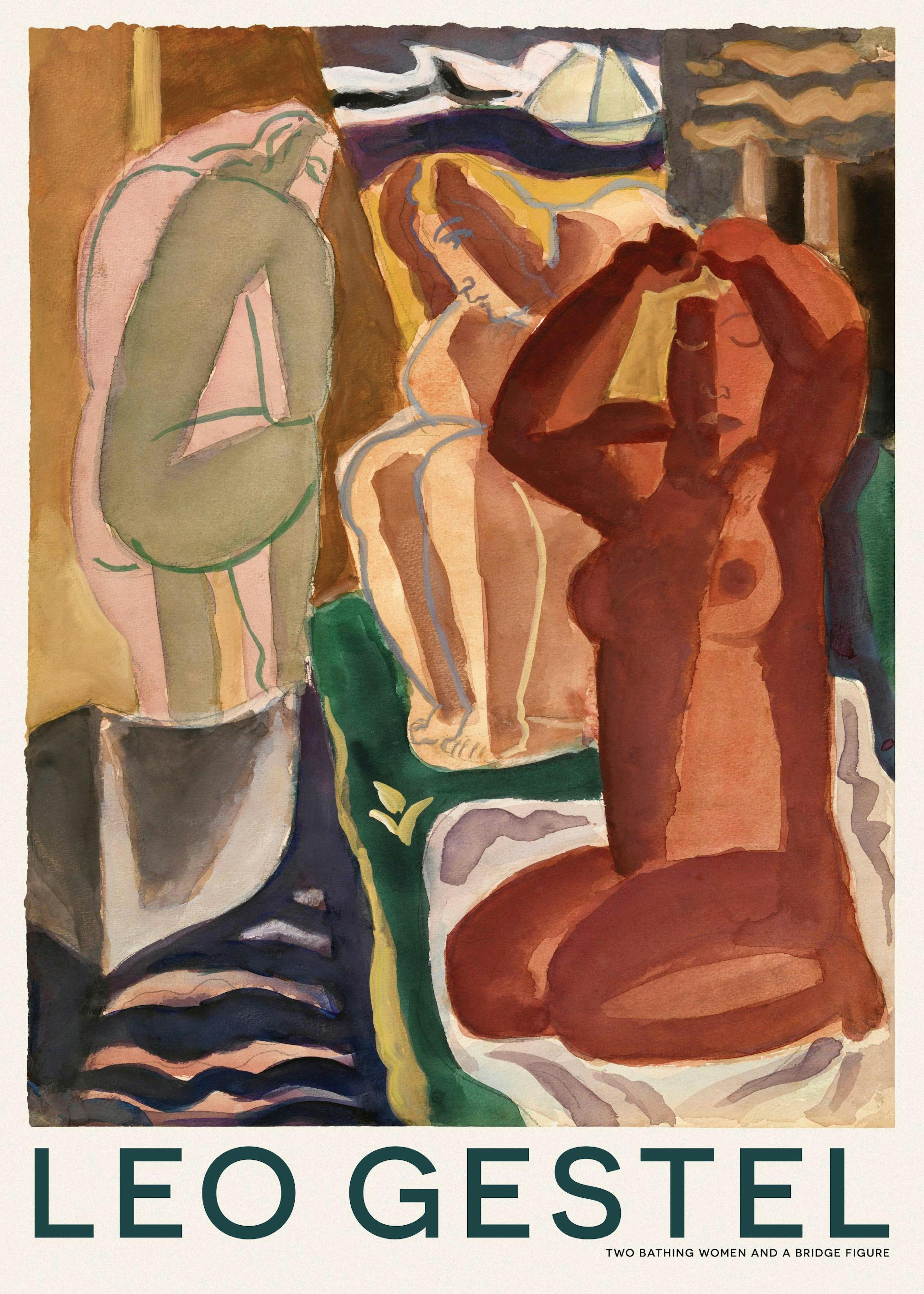 Póster de una pintura expresionista con tres figuras, dos mujeres bañándose y una figura de puente en tonos tierra.