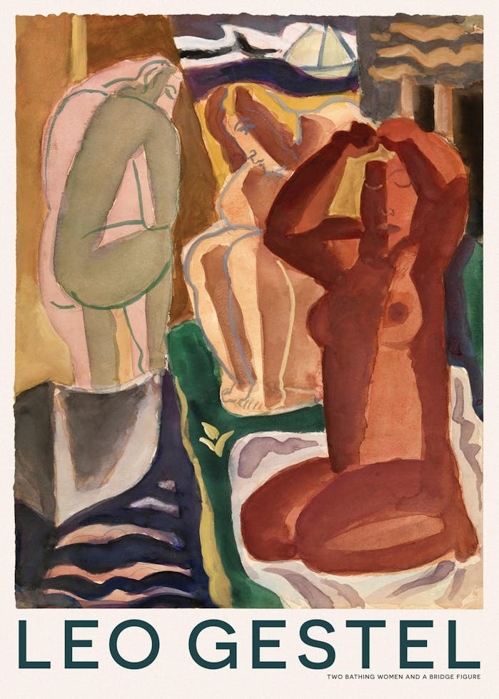 Affiche avec trois figures féminines nues dans des tons ocres, bruns et verts, sur un fond abstrait.