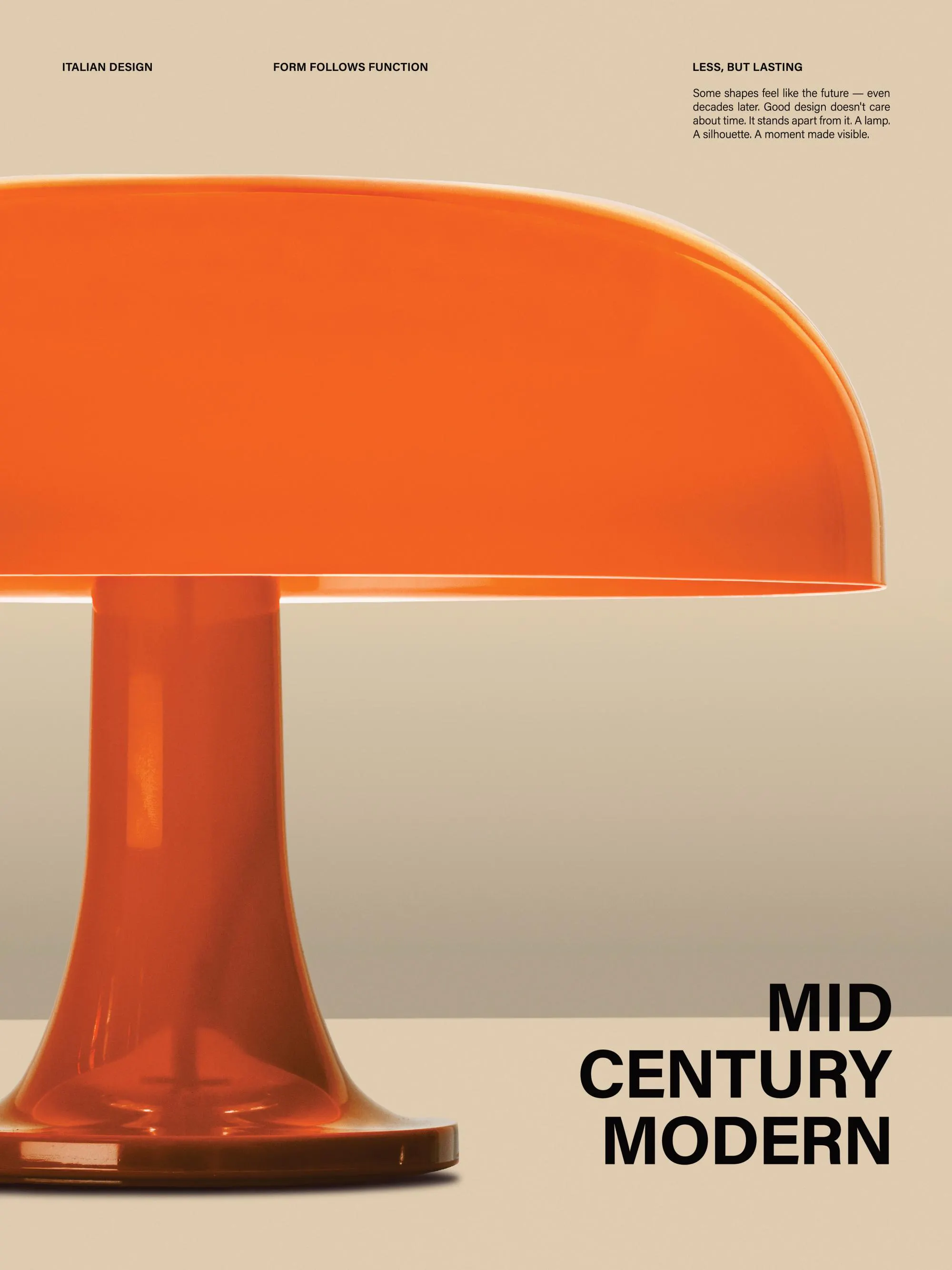 Print featuring a vibrant orange mid-century modern lamp on a neutral background, with text about Italian design.