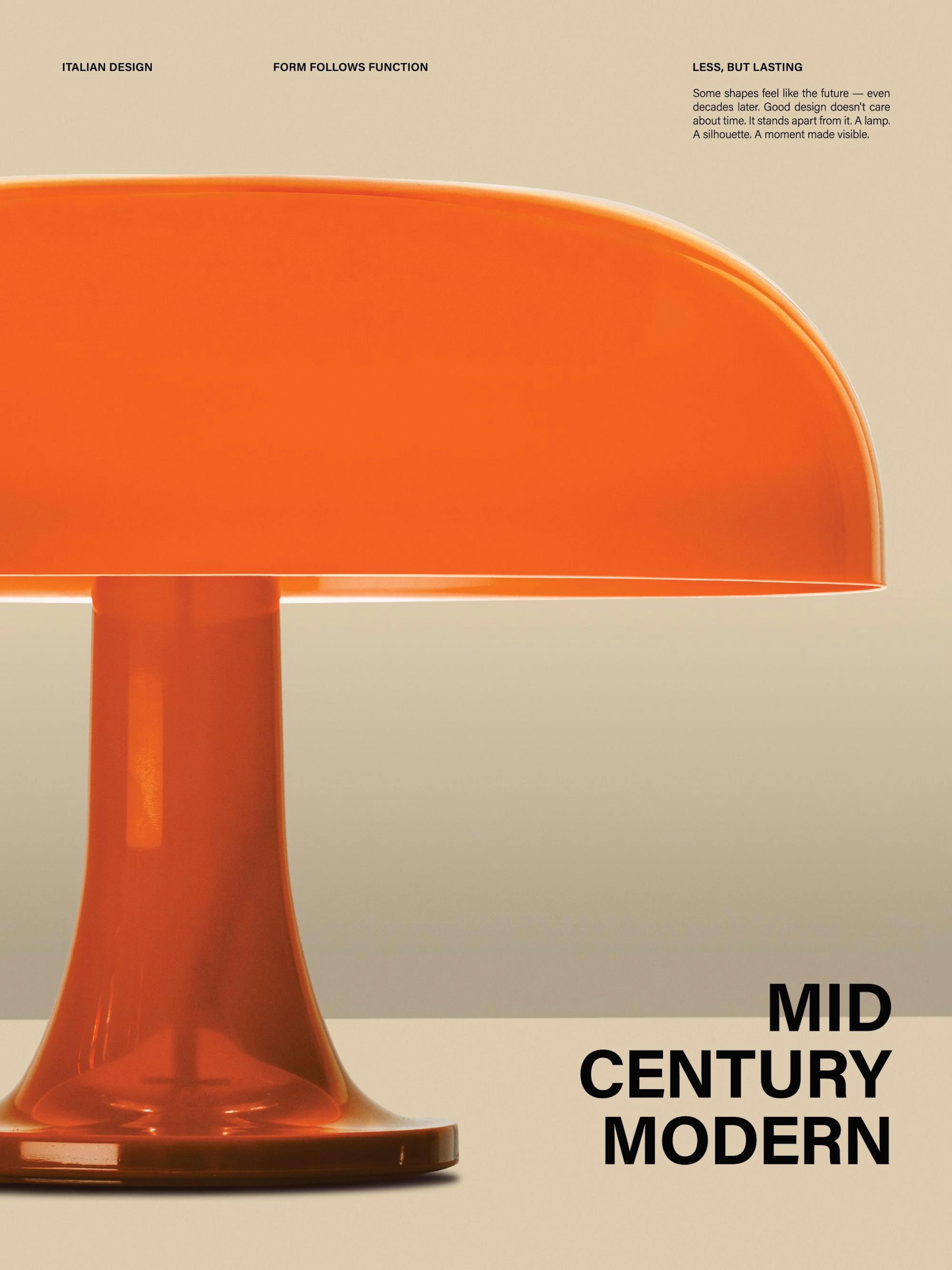 A print of a bright orange mid-century modern lamp on a light beige background with text.
