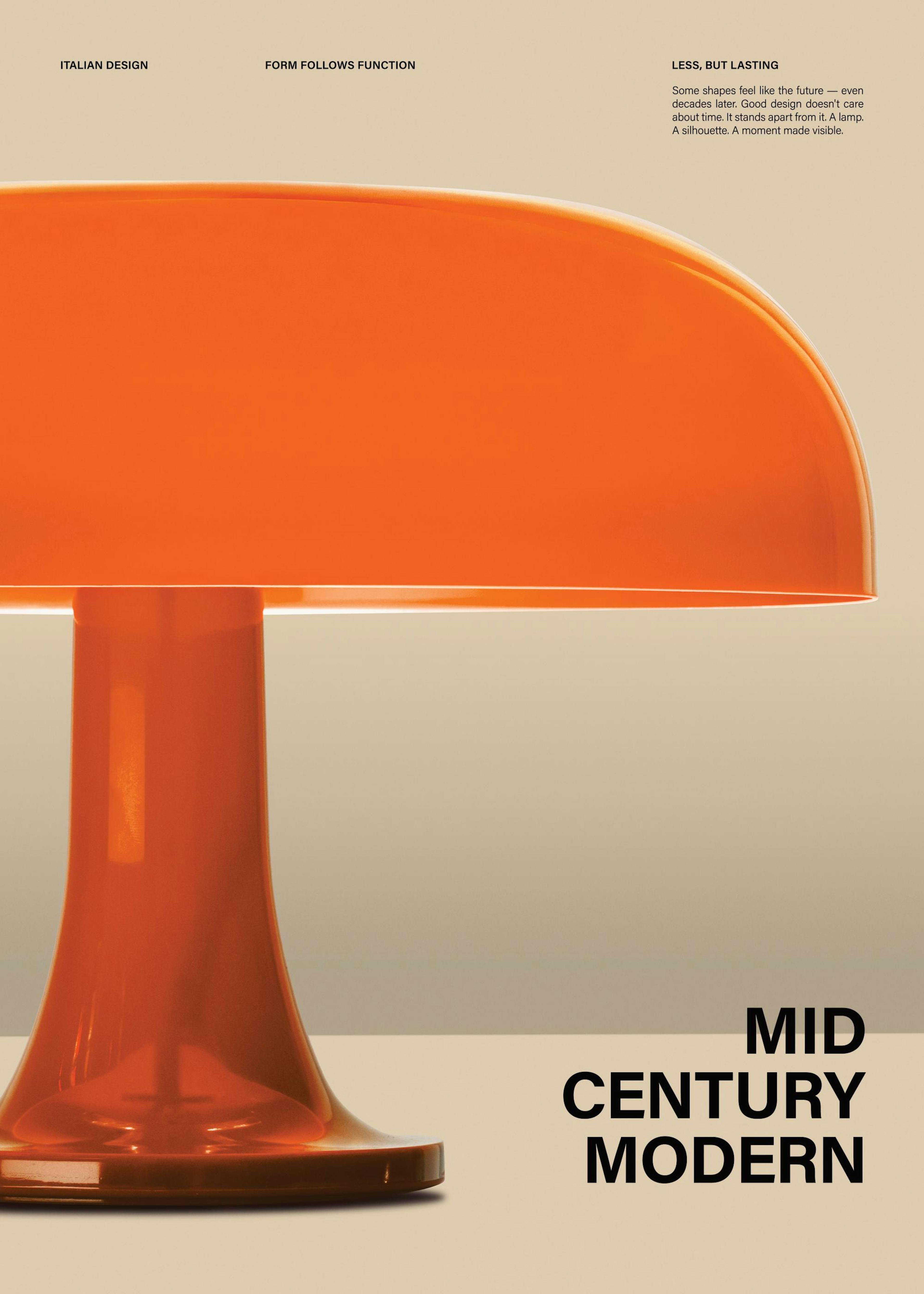 A print of a bright orange mid-century modern lamp on a light beige background with text.