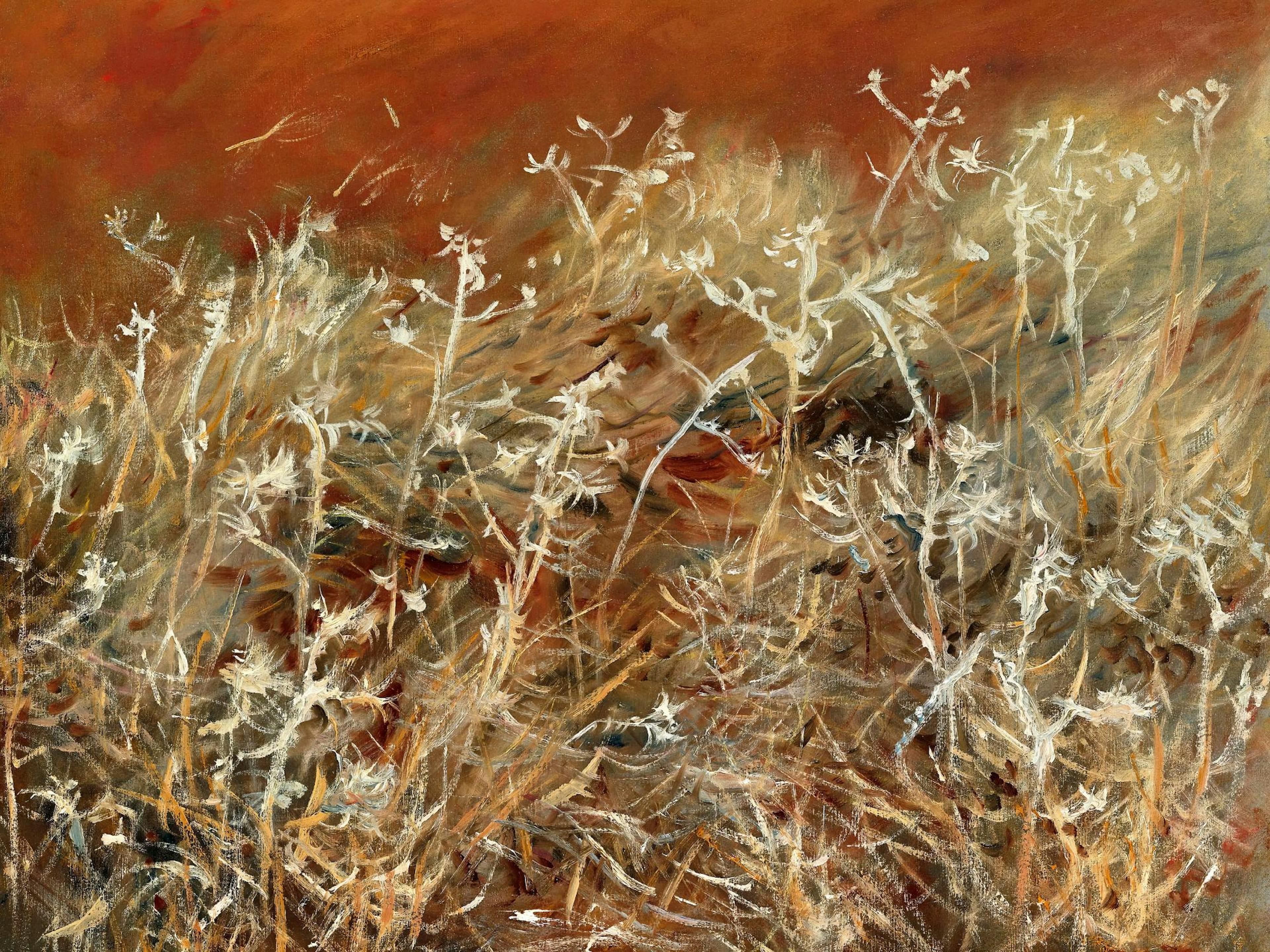 A print of white and beige dry grass and plants against a warm brown and rust-colored background.