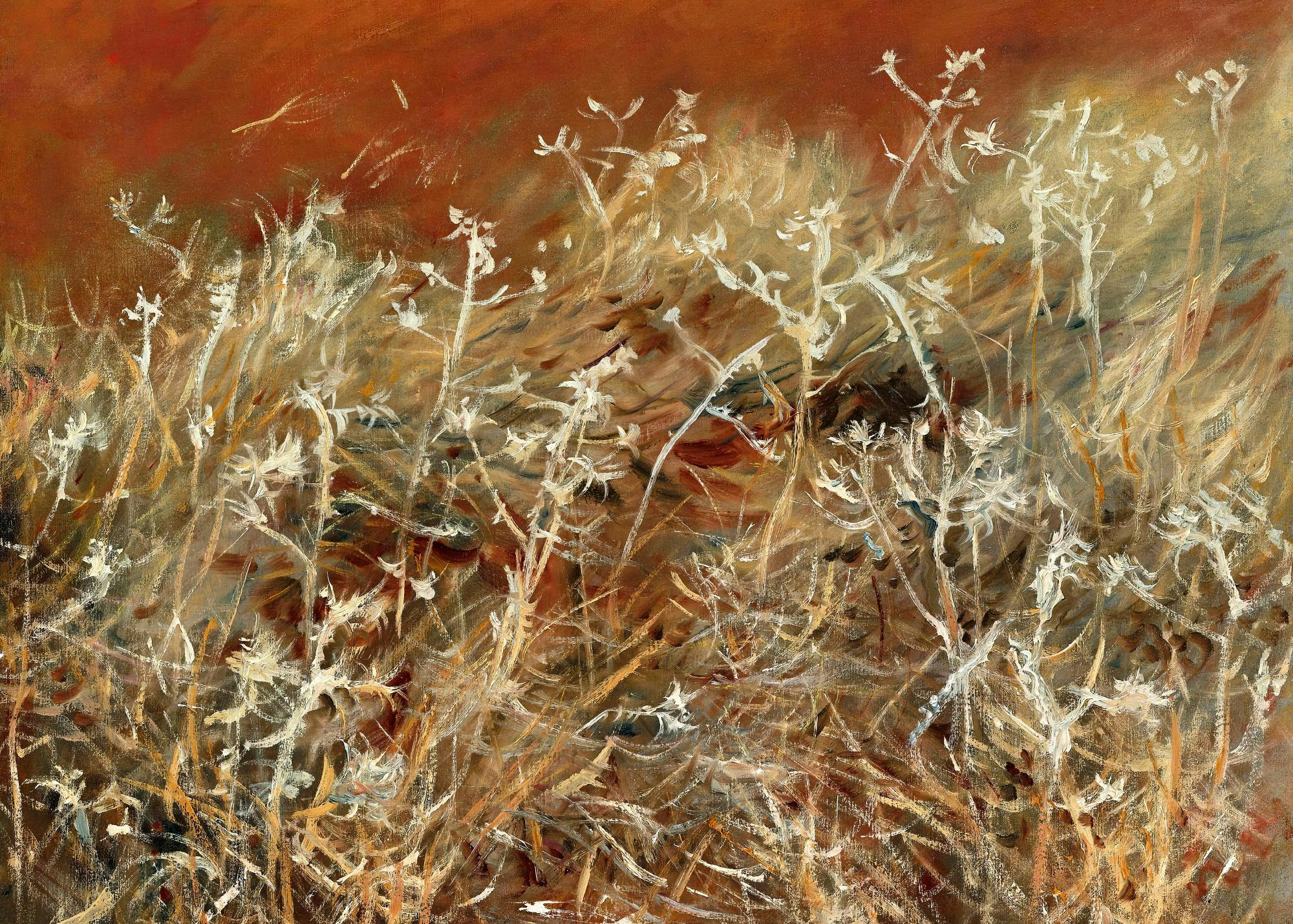 A painterly print capturing tall, dry grasses and wildflowers in earthy tones against a rich red-brown background.