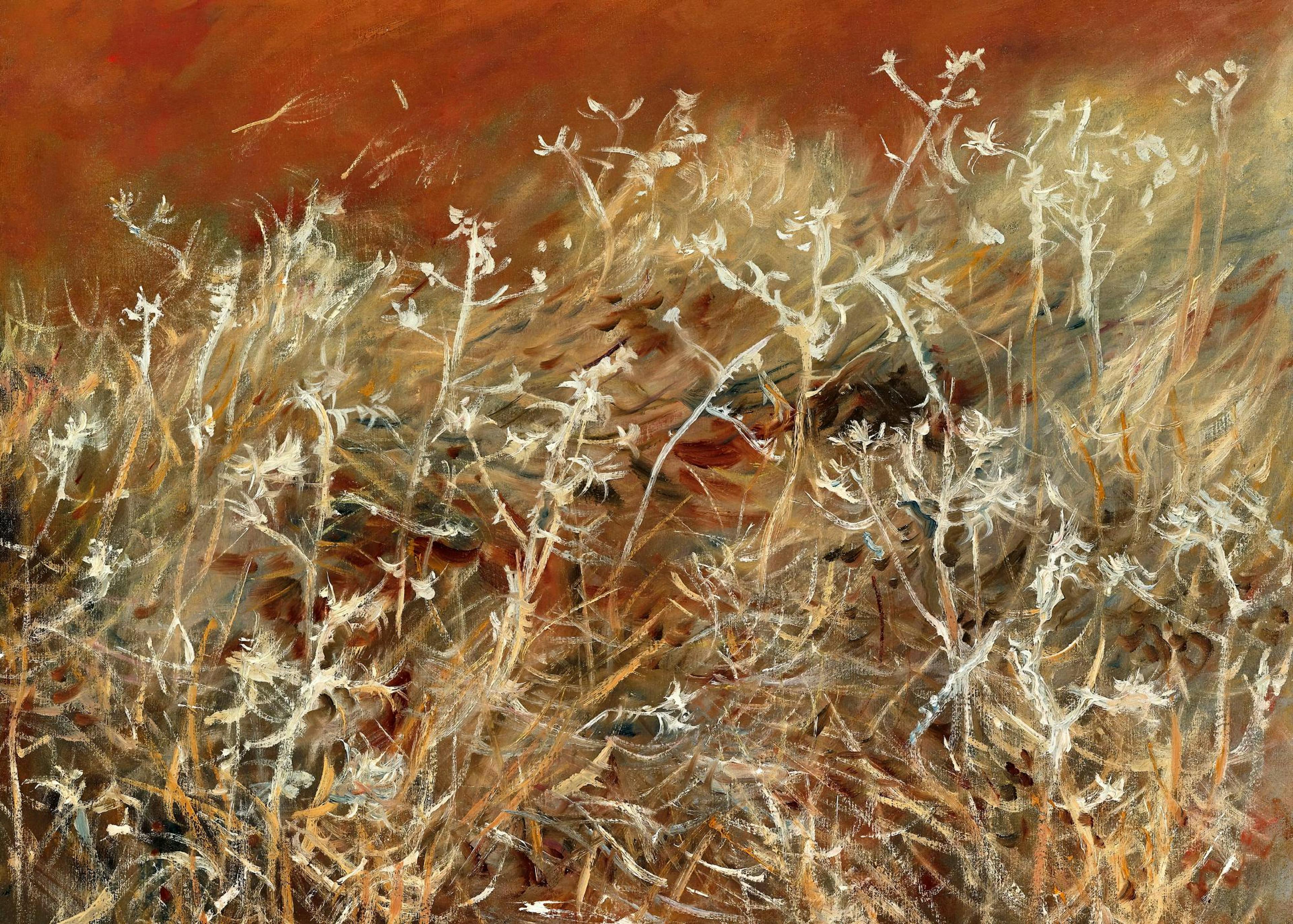 A print of white and beige dry grass and plants against a warm brown and rust-colored background.