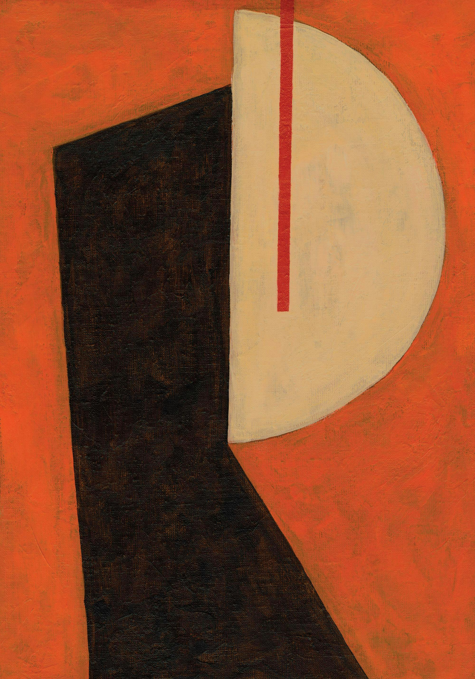 En poster med en mörkbrun, geometrisk form med ett halvcirkelformat fält i beige och ett rött vertikalt streck mot en orange bak