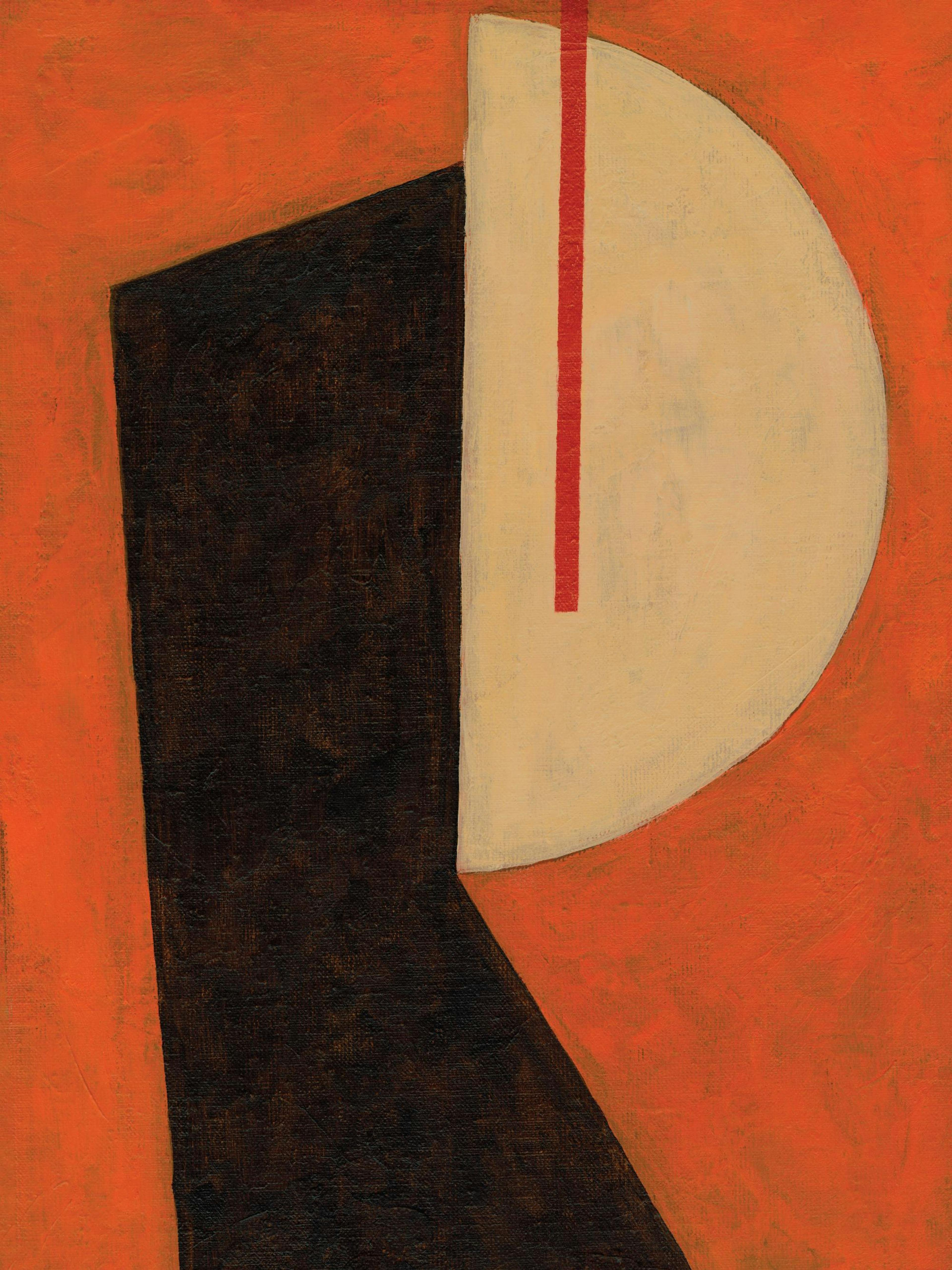 Póster de arte abstracto con formas geométricas en negro, beige y una línea roja sobre fondo naranja.