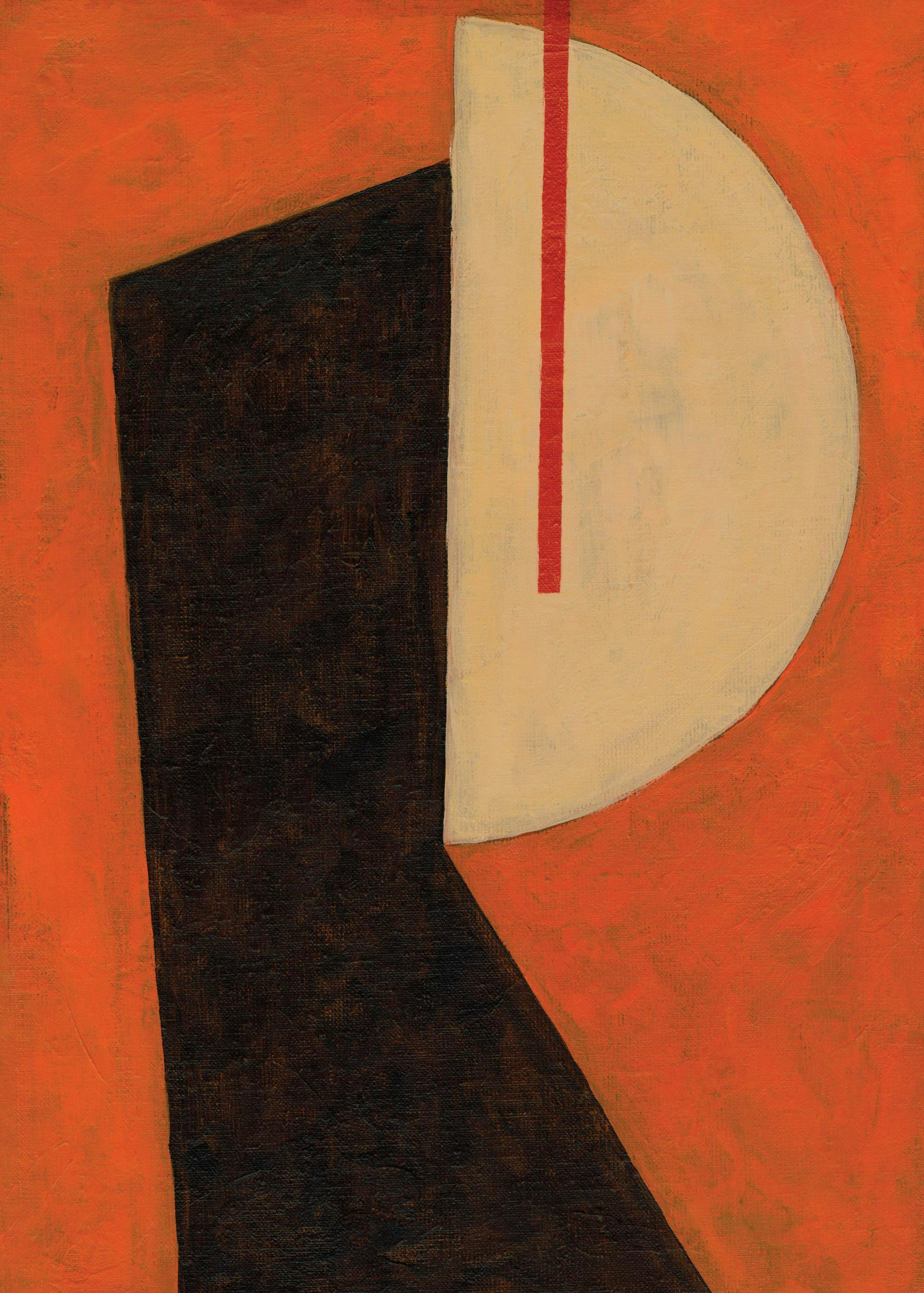 Abstract print with a dark brown geometric shape on a vibrant orange background, featuring a white semicircle and a thin red lin