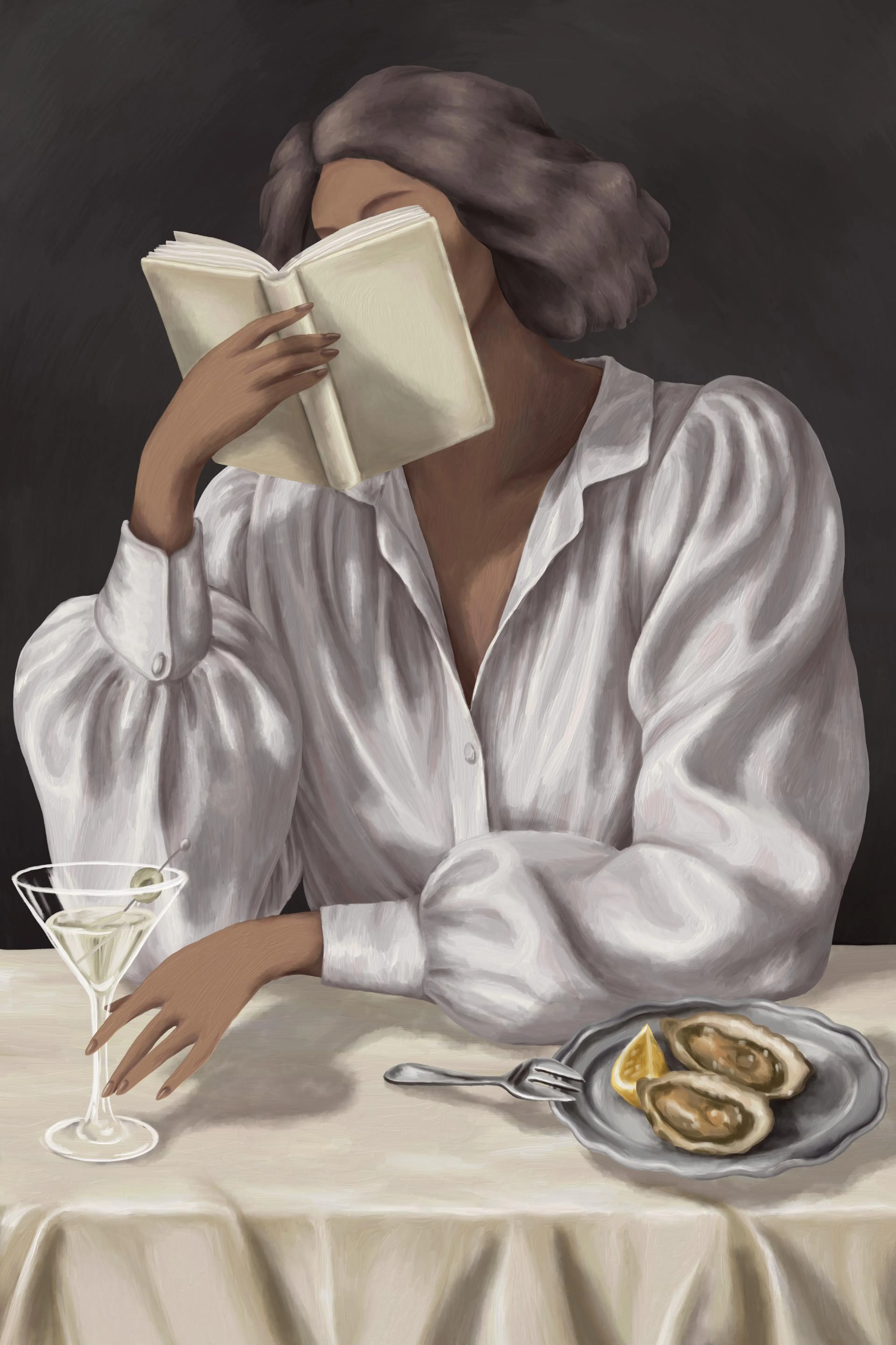 Poster με γυναίκα που διαβάζει, με ποτήρι μαρτίνι και στρείδια σε τραπέζι.