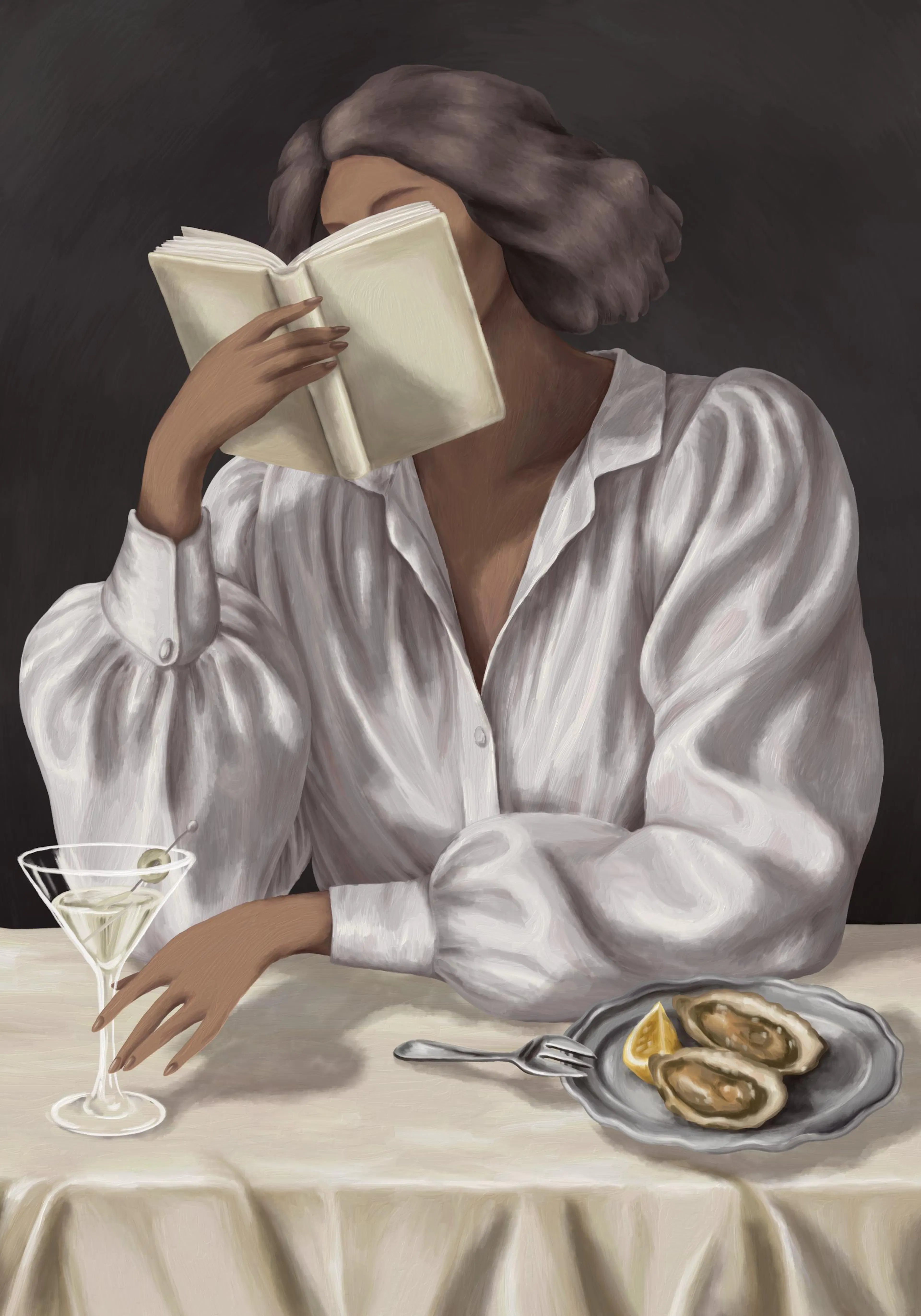 A print of a woman with grey hair reading a book, with a martini and oysters on a table.