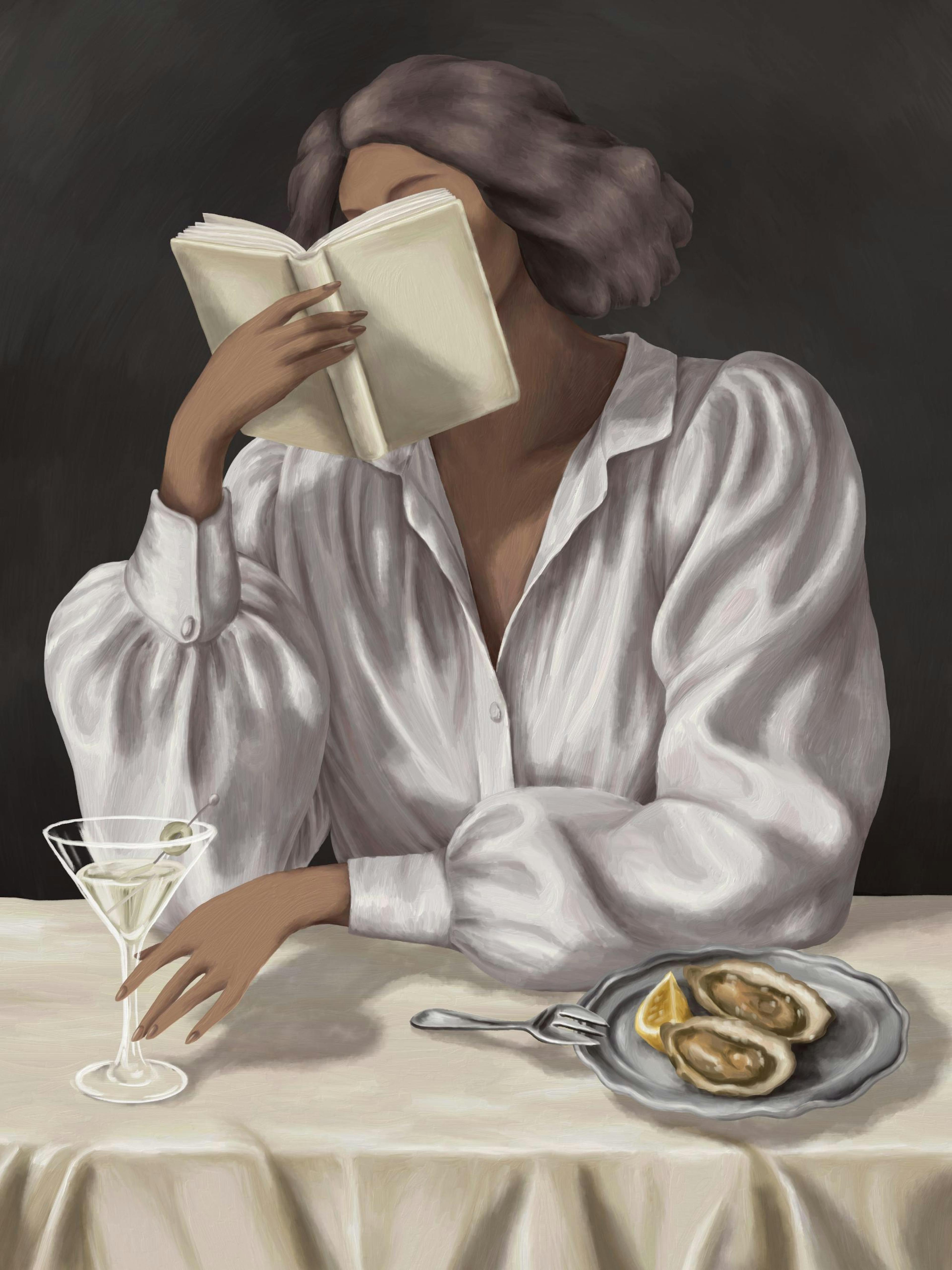 A print of a woman reading a book, with a martini and oysters on a table beside her.