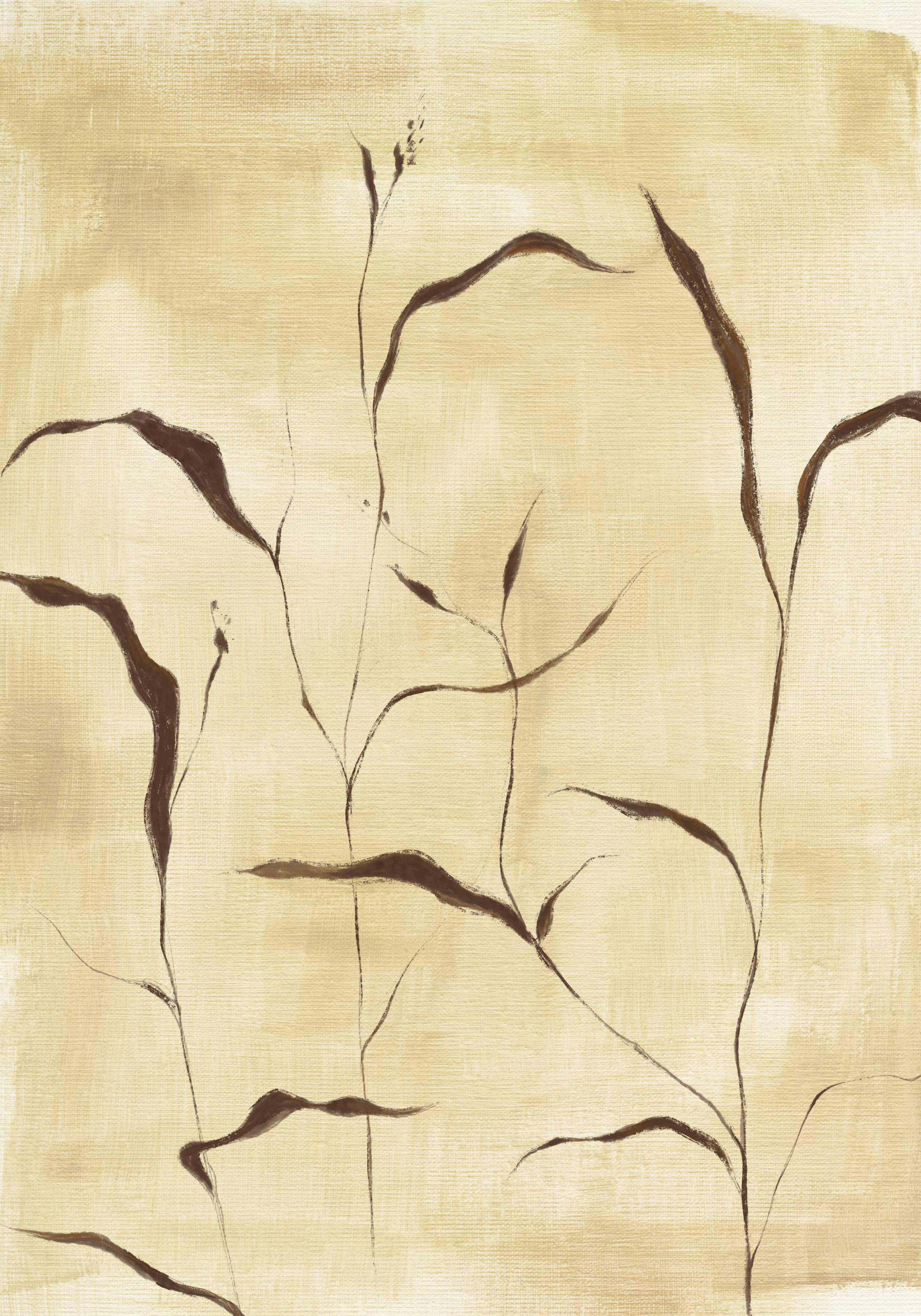 En poster med bruna organiska former av växter och löv på en ljus beige bakgrund.