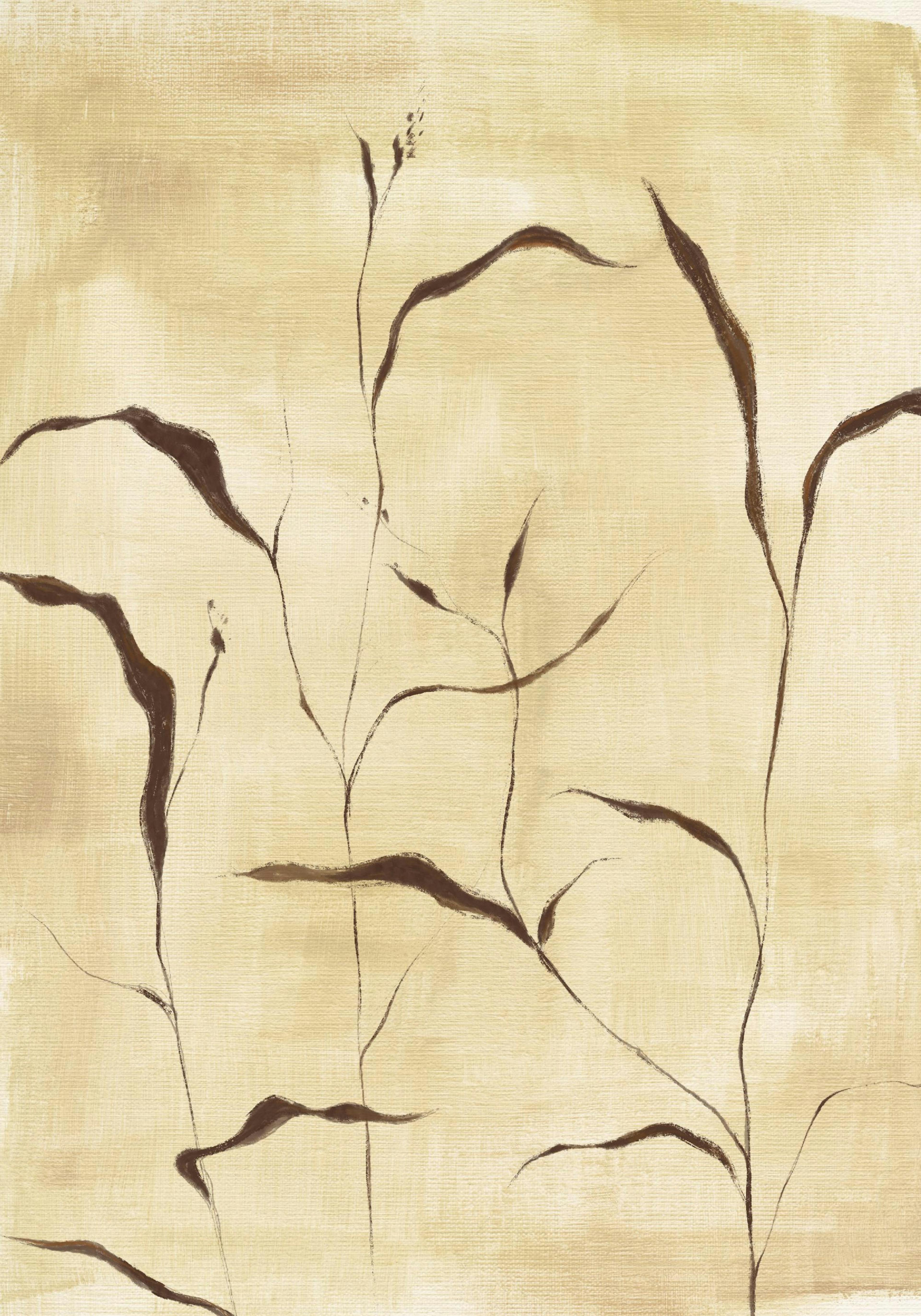 A minimalist print featuring dark brown, flowing botanical lines on a textured, light beige and cream background.