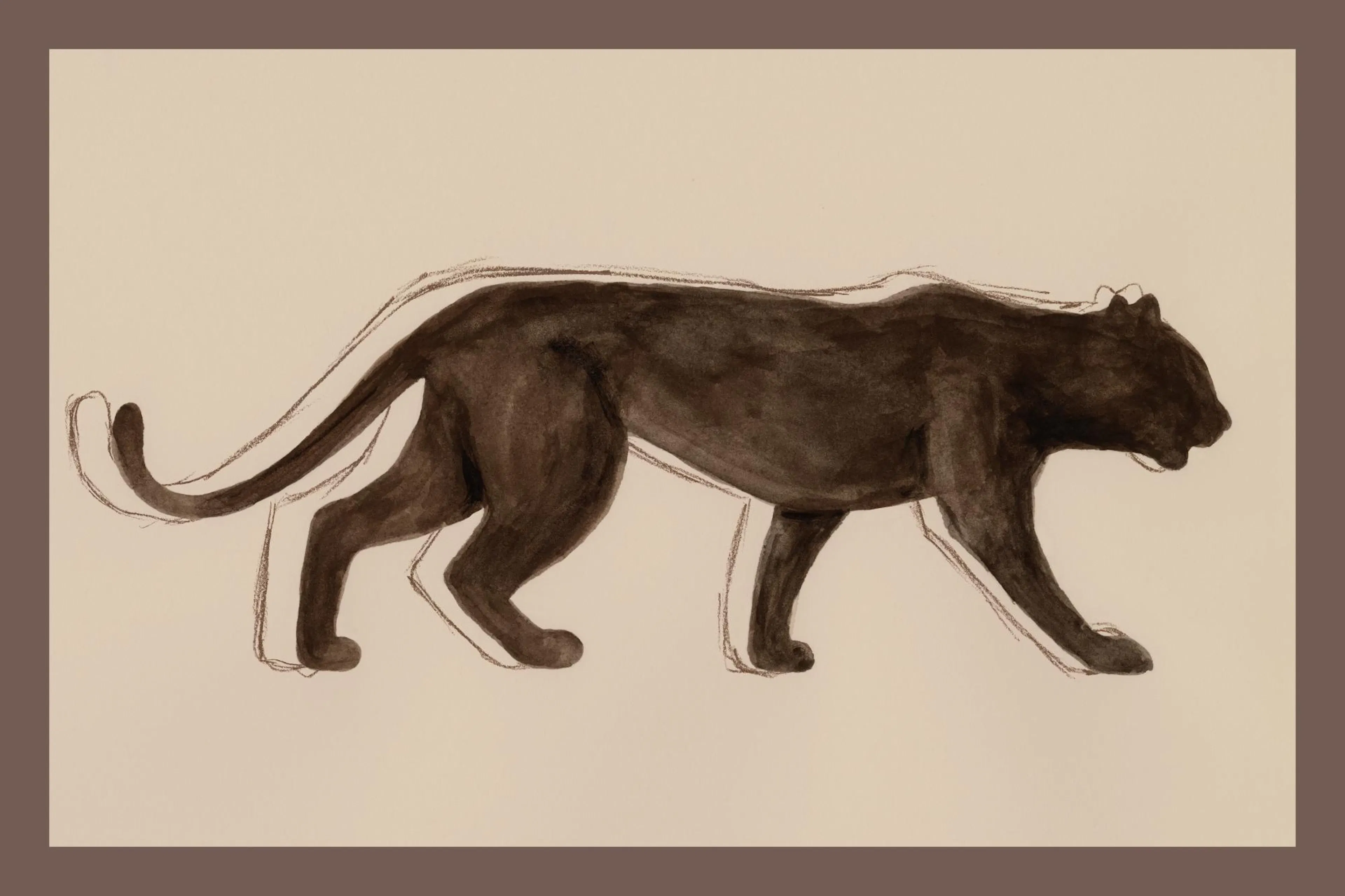 Poster mit einer braunen, skizzenhaften Zeichnung eines Panthers auf beigem Hintergrund.