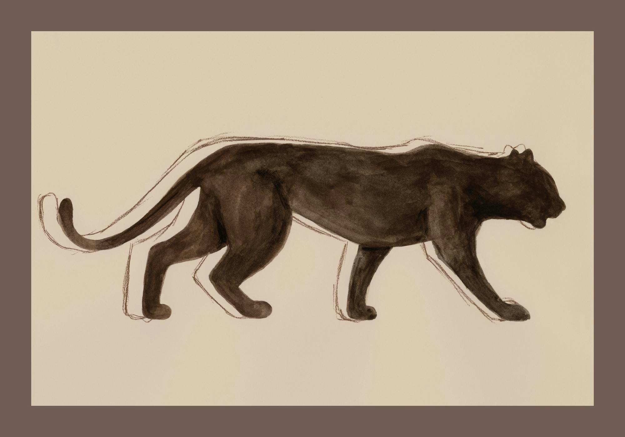 En poster som föreställer en svart panter i profil med bruna och svarta penseldrag på en beige bakgrund.