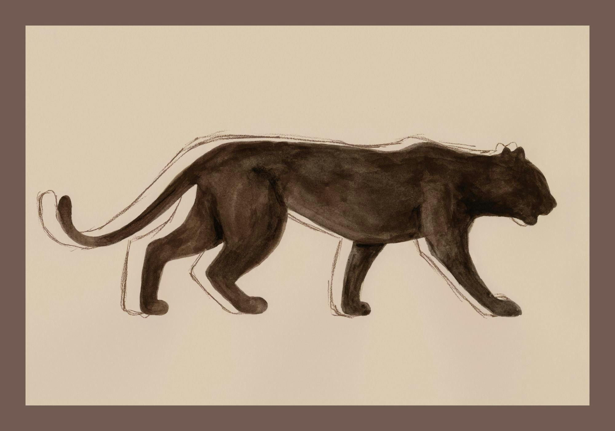 En poster som föreställer en svart panter i profil med bruna och svarta penseldrag på en beige bakgrund.