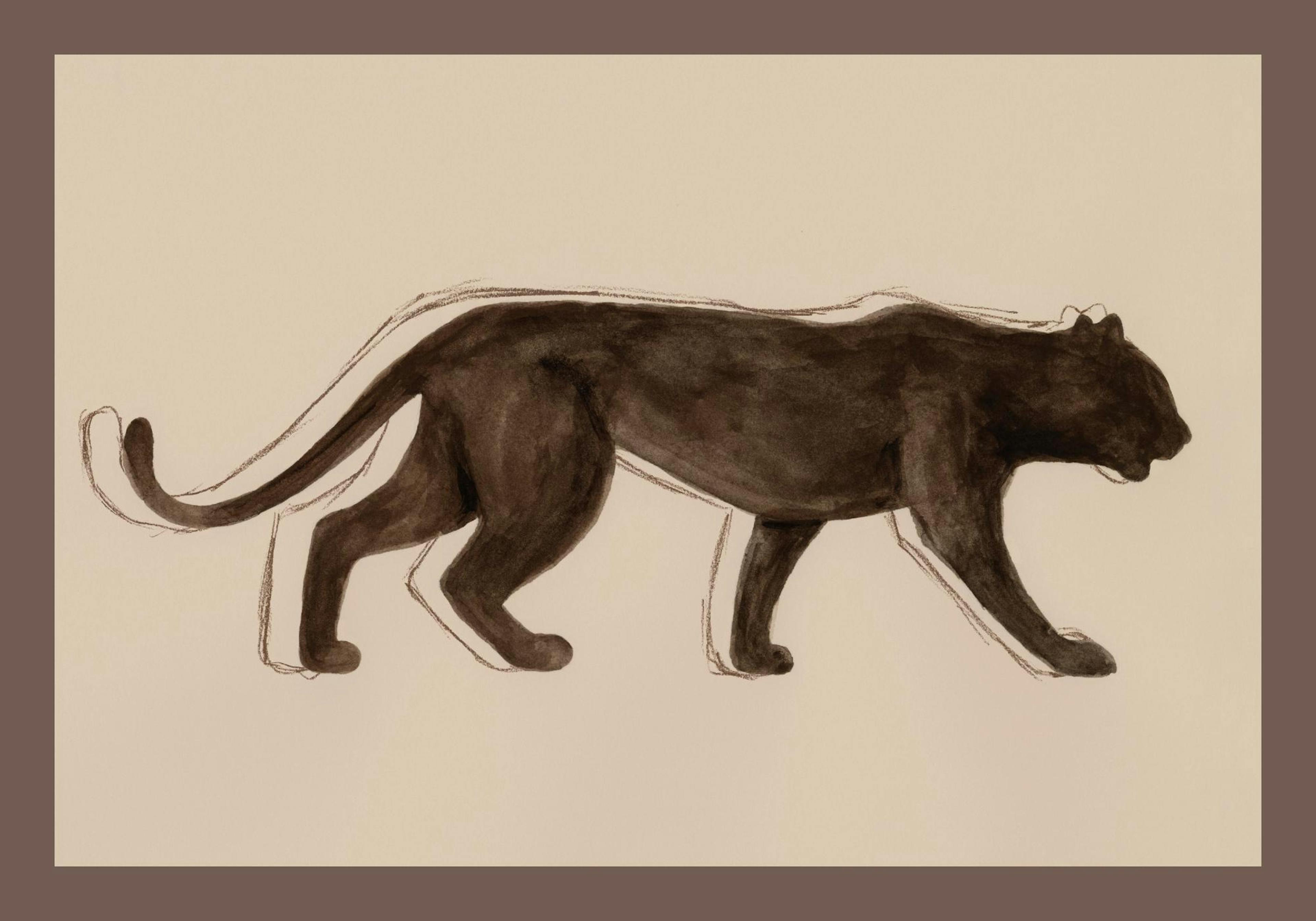 A minimalist print featuring a dark brown panther in profile, with charcoal outlines, on a light beige background.