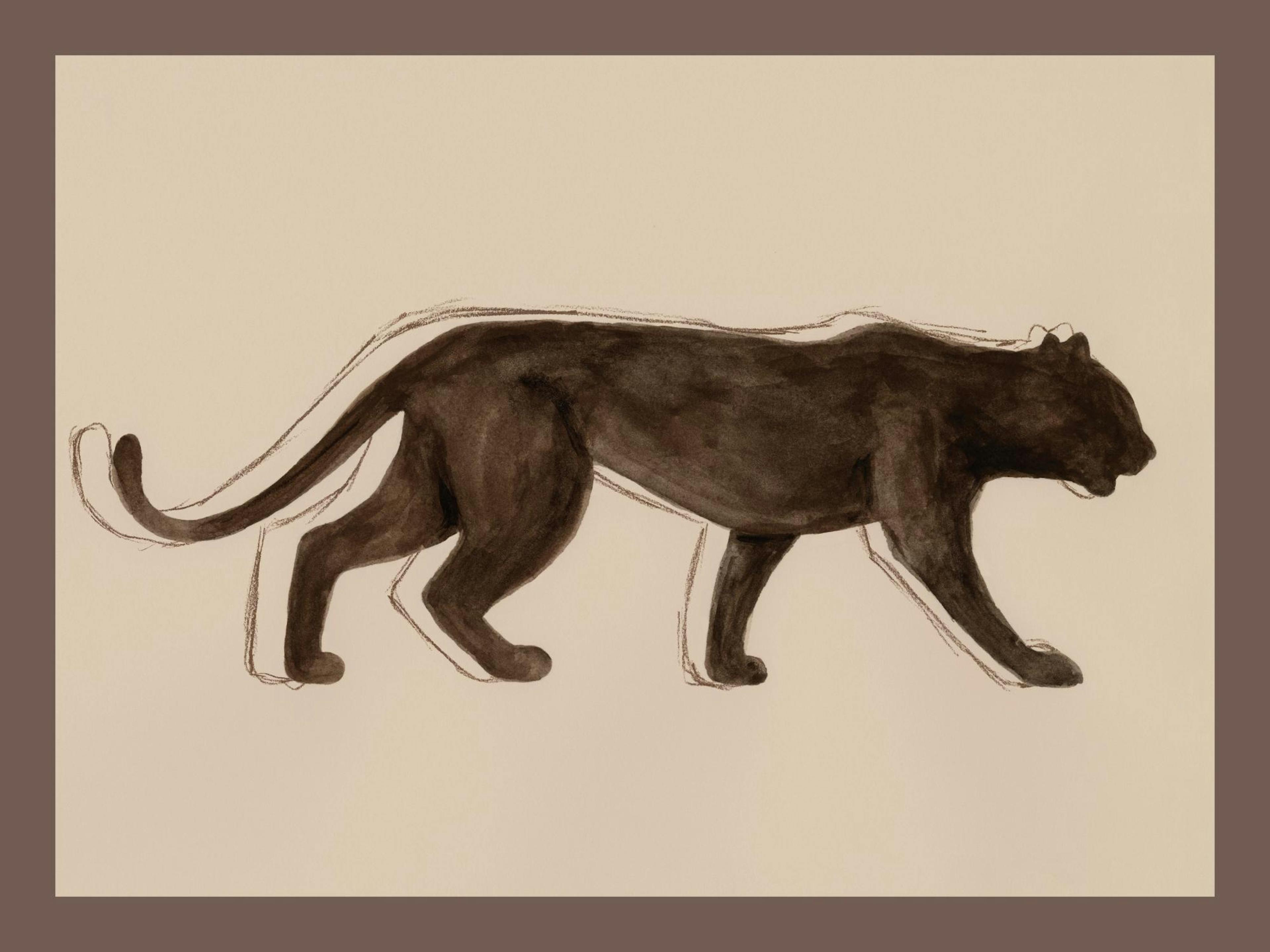 어두운 갈색으로 그려진 검은 표범의 옆모습을 담은 감각적인 포스터