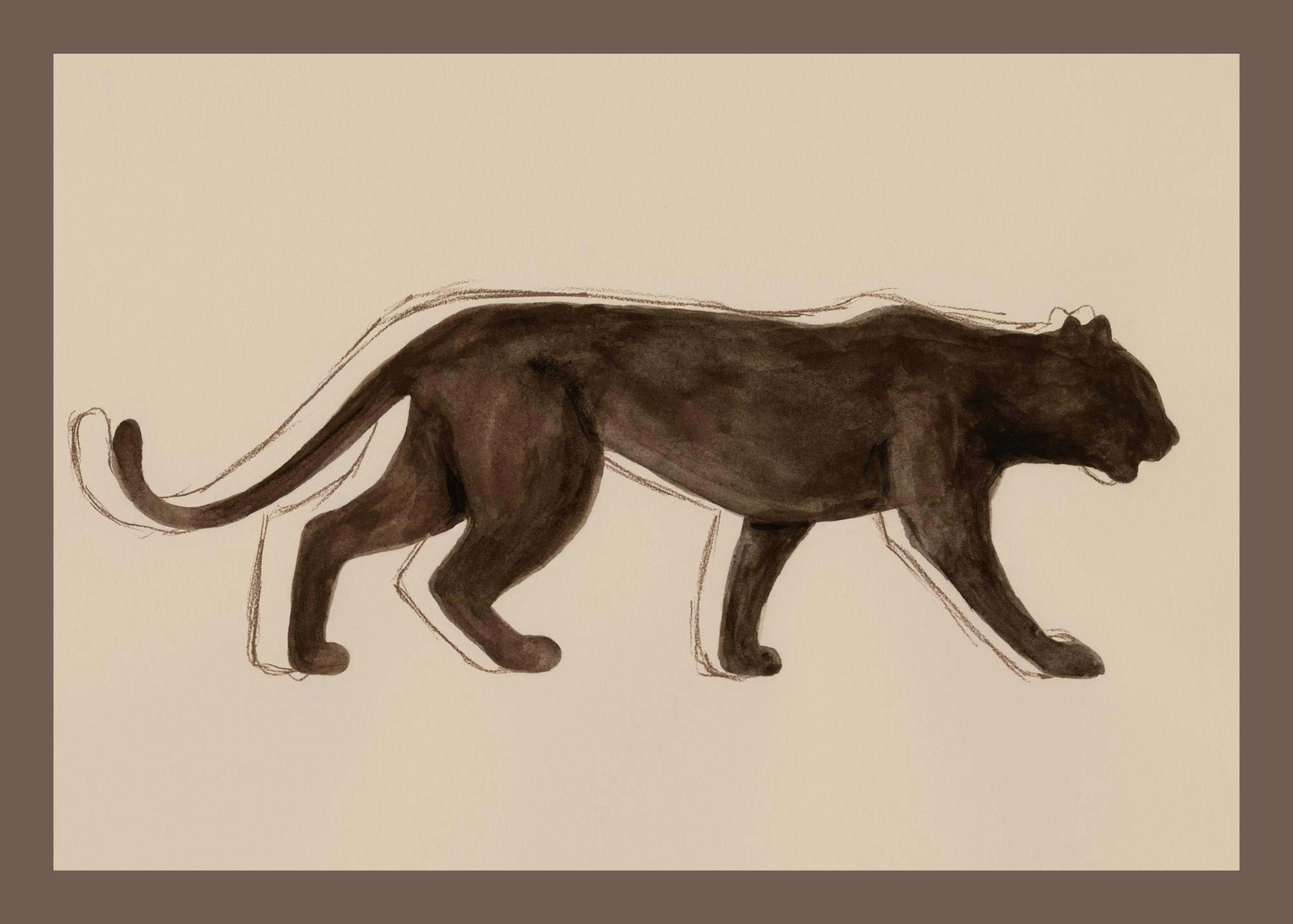 Póster de una pantera negra dibujada en tonos tierra oscuros sobre un fondo beige, con contornos de boceto.