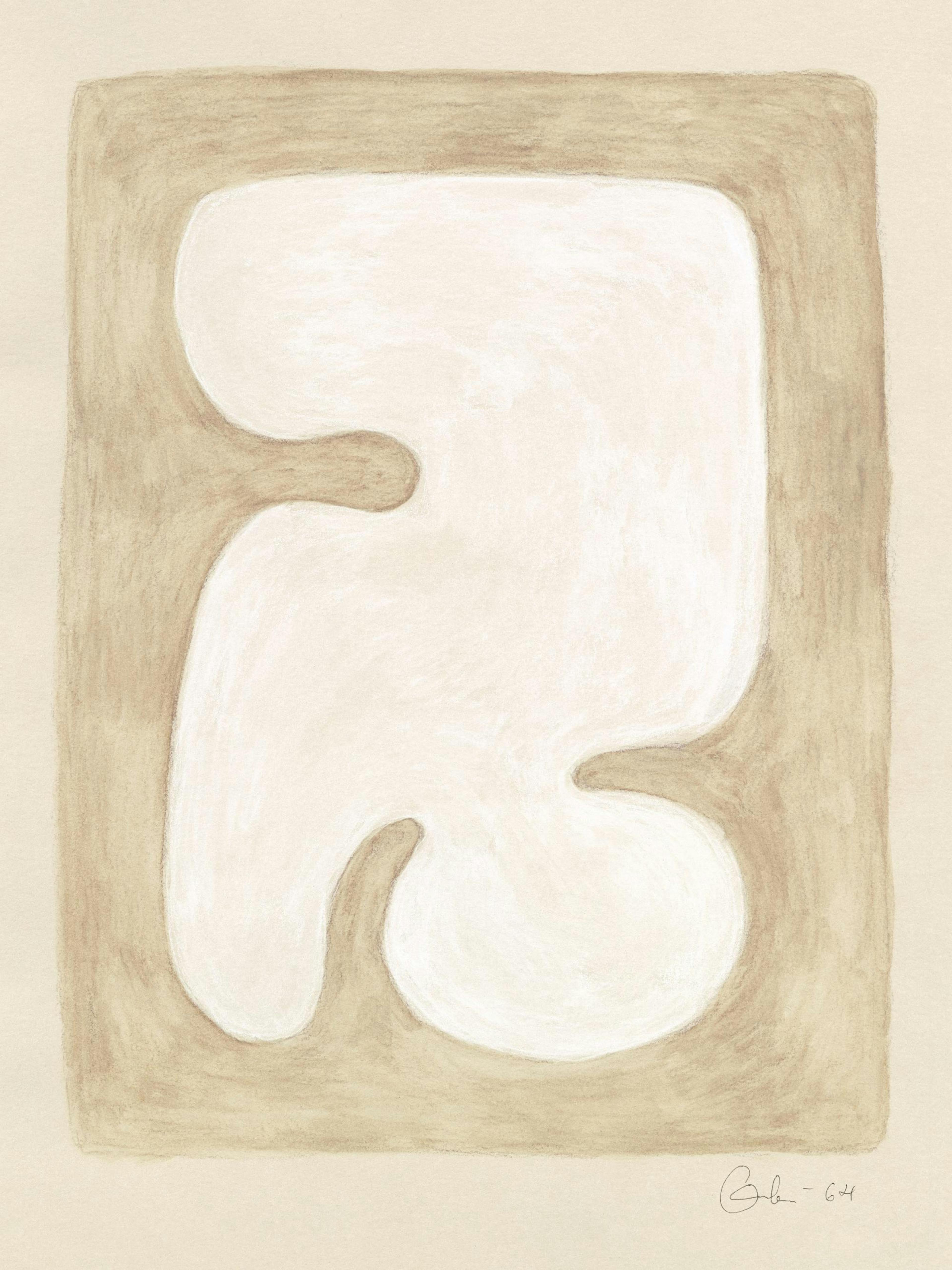 An abstract print of a white organic shape with soft curves, surrounded by a subtle brown border, on a light beige background.