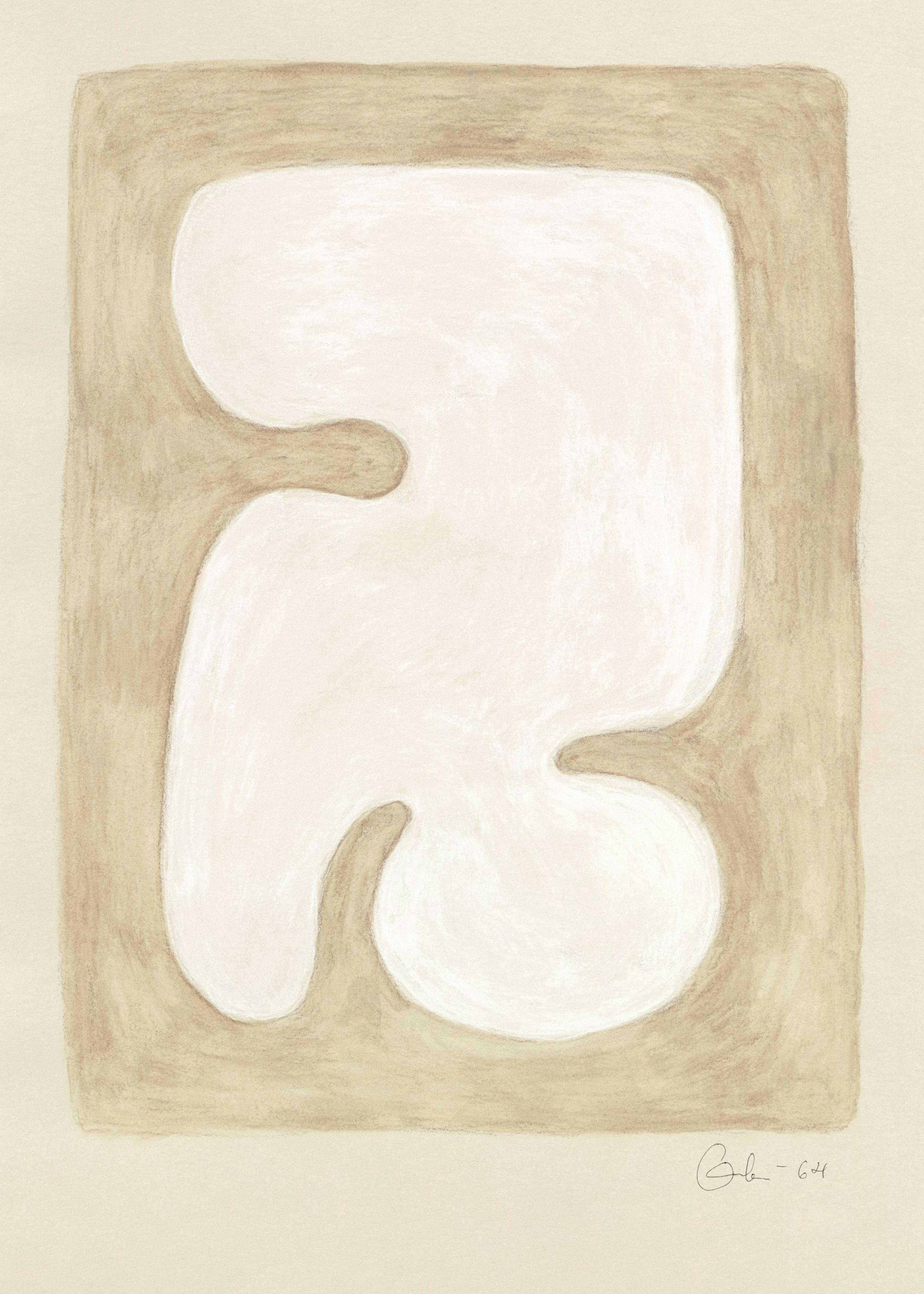 Póster abstracto con forma orgánica blanca y bordes curvos, sobre un fondo beige y marrón claro.