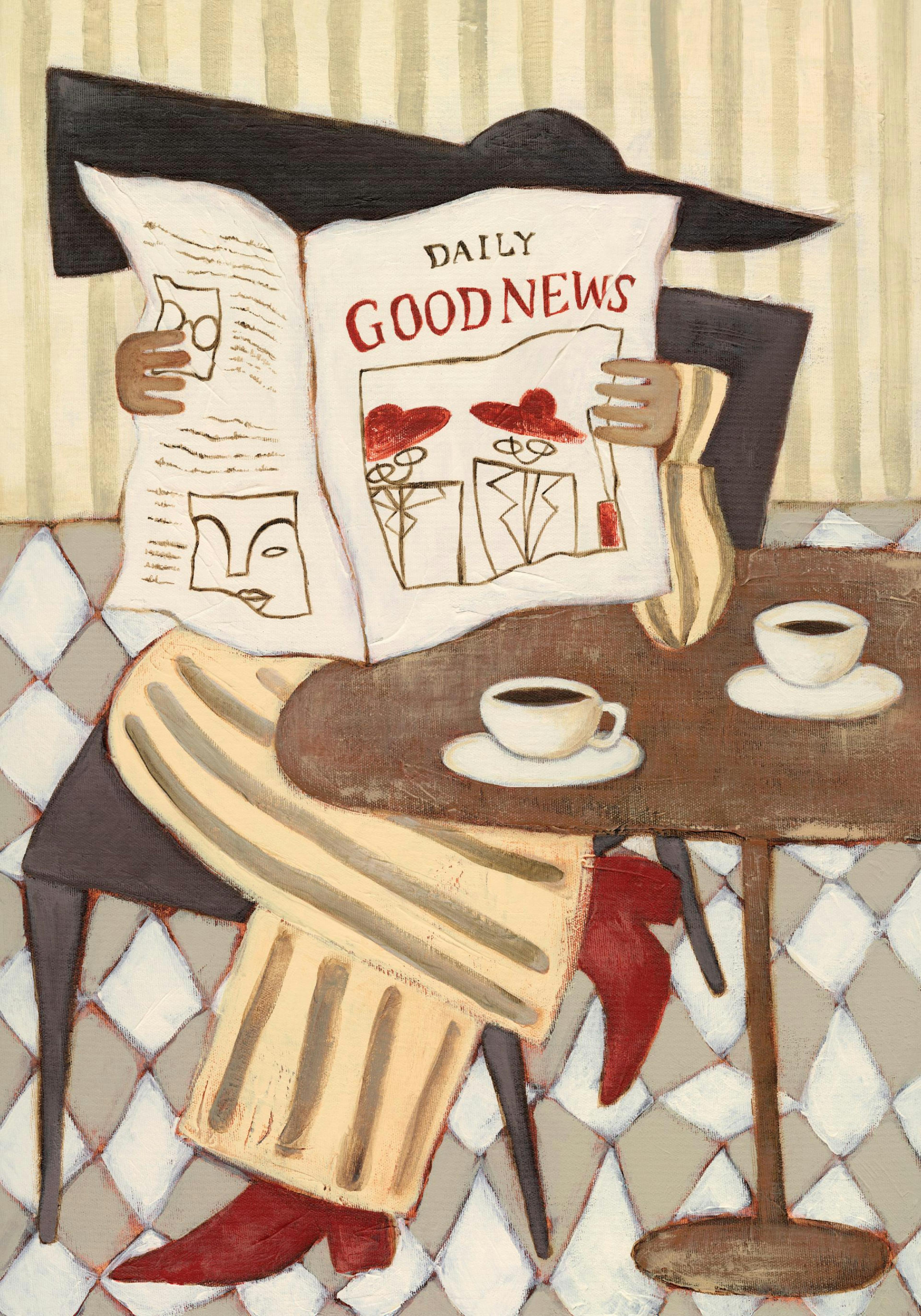 A print of a woman in a black hat reading a Daily Good News newspaper at a cafe table with coffee cups.