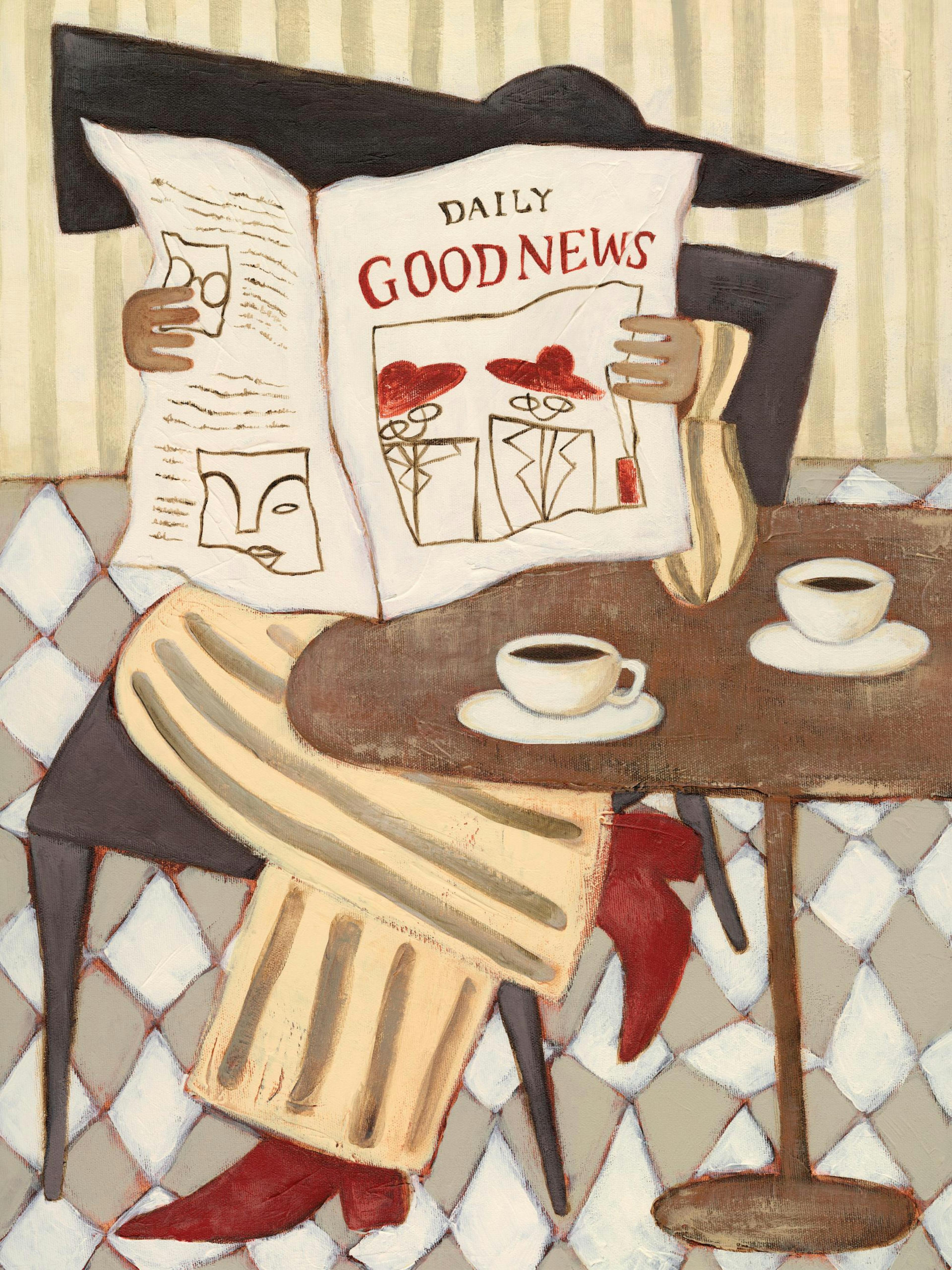 Poster van een persoon die een krant met DAILY GOOD NEWS leest aan een tafel met koffiekopjes.