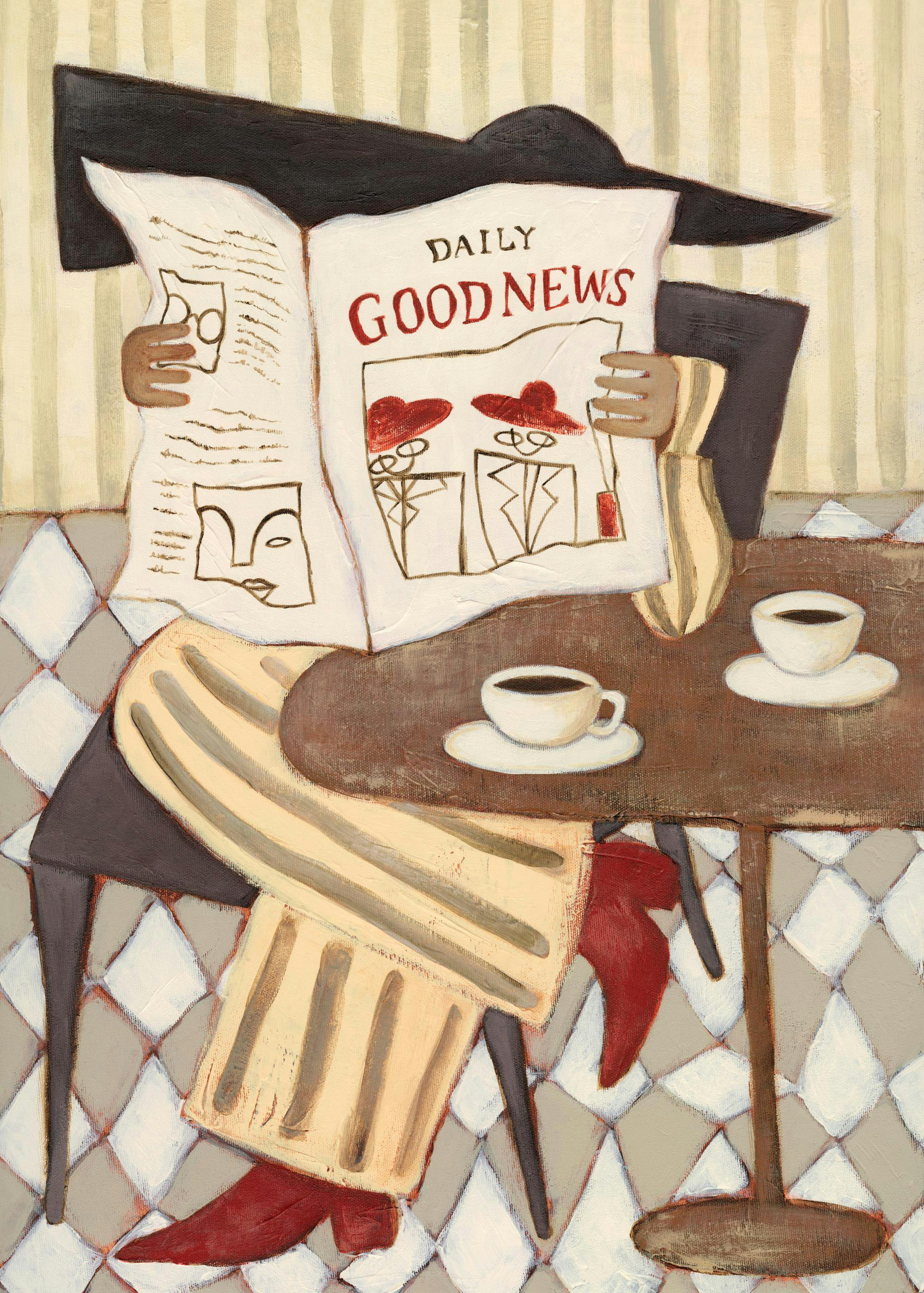A print of a woman in a black hat reading a Daily Good News newspaper at a cafe table with coffee cups.