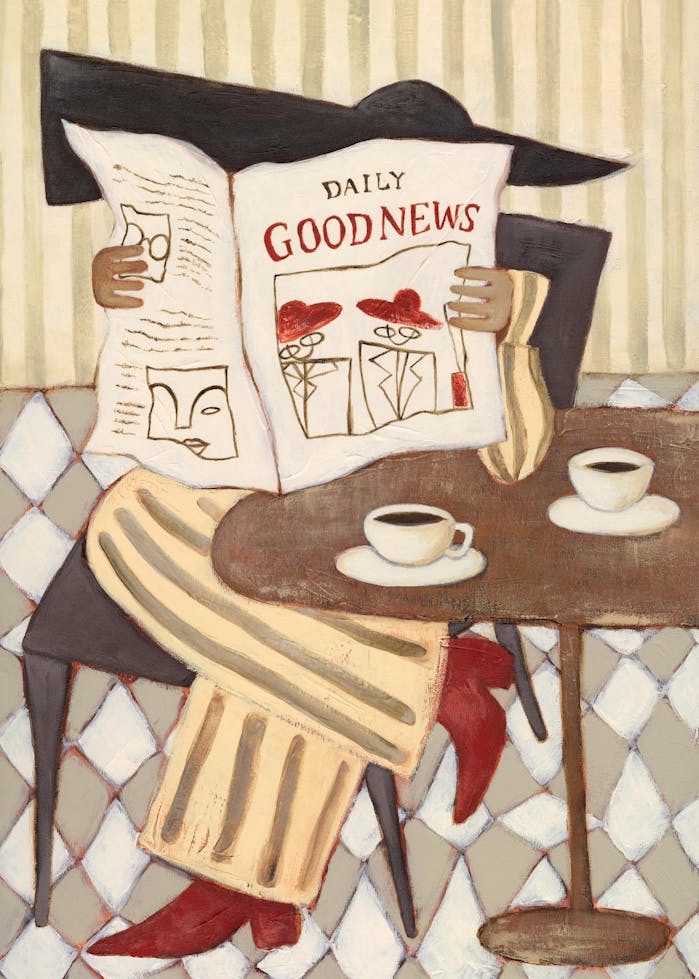 Affiche dune femme lisant un journal Daily Good News à une table de café, avec deux tasses de café. Le sol est en carreaux.