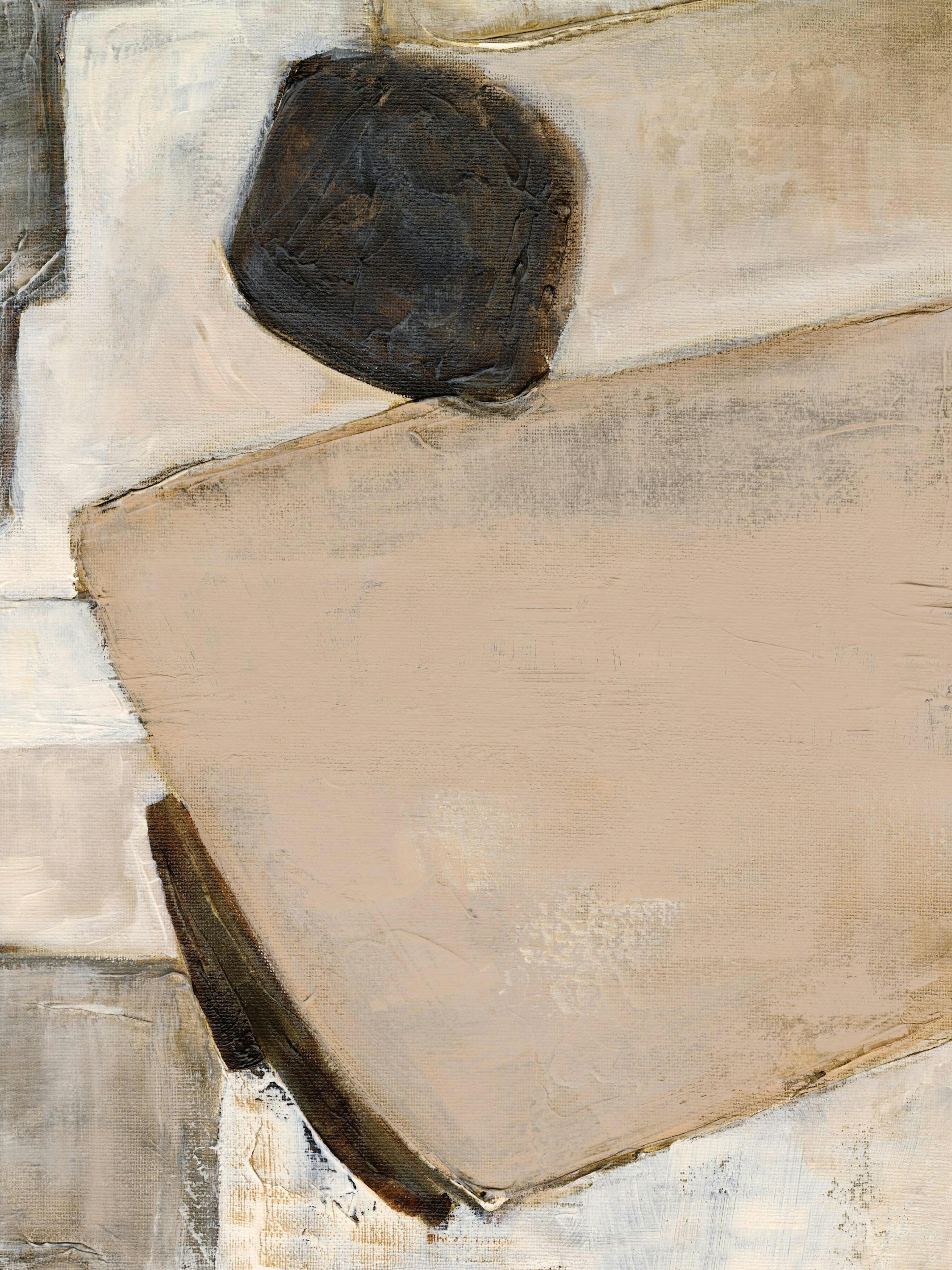 An abstract print with bold black, brown, and beige shapes over a textured neutral background.