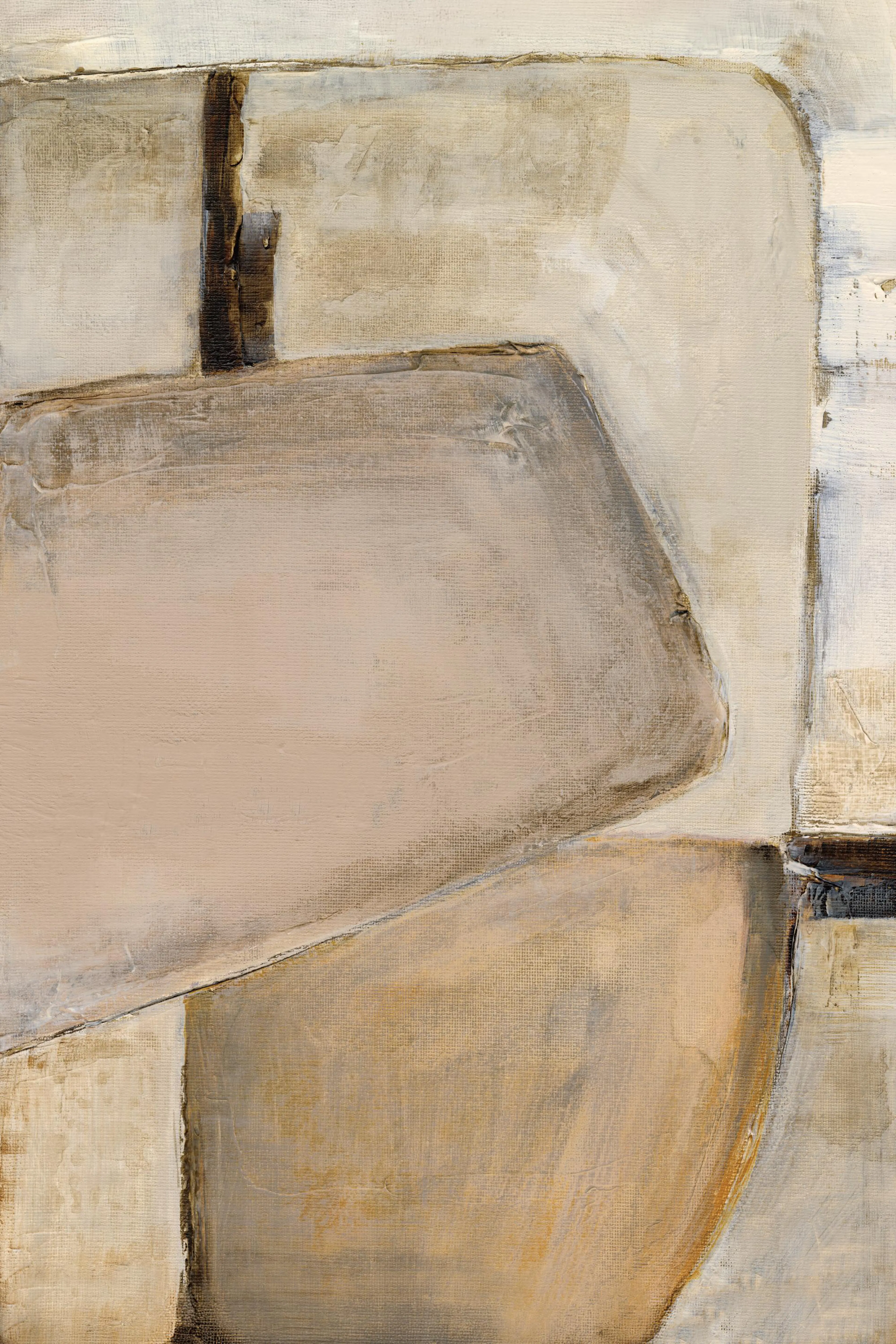 Affiche abstraite aux formes organiques beige, blanc cassé et marron foncé sur fond clair texturé.
