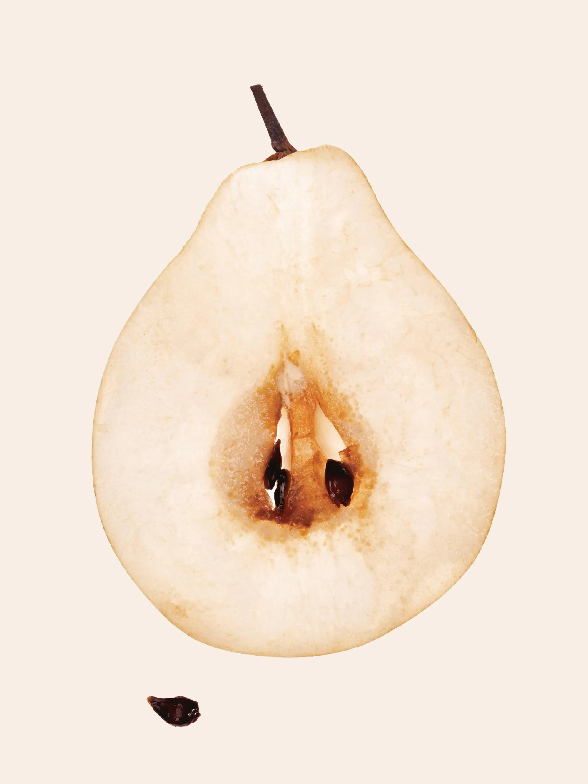 반으로 자른 배의 단면이 보이는 포스터. 씨앗 부분과 과육의 디테일이 클로즈업되어 있다.