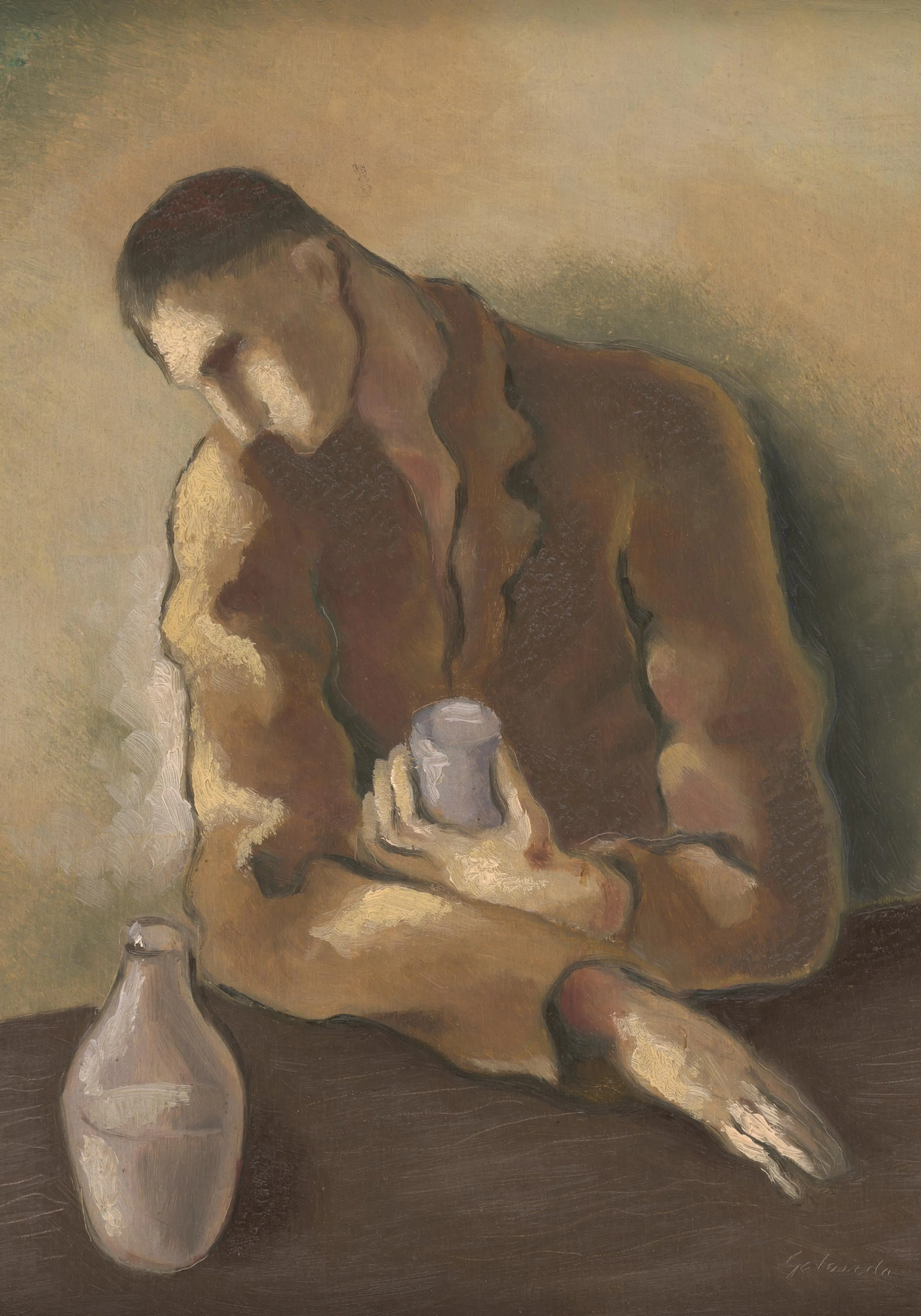 Poster: Ein sitzender Mann in Erdfarben, der einen Becher hält, mit einer Flasche daneben.