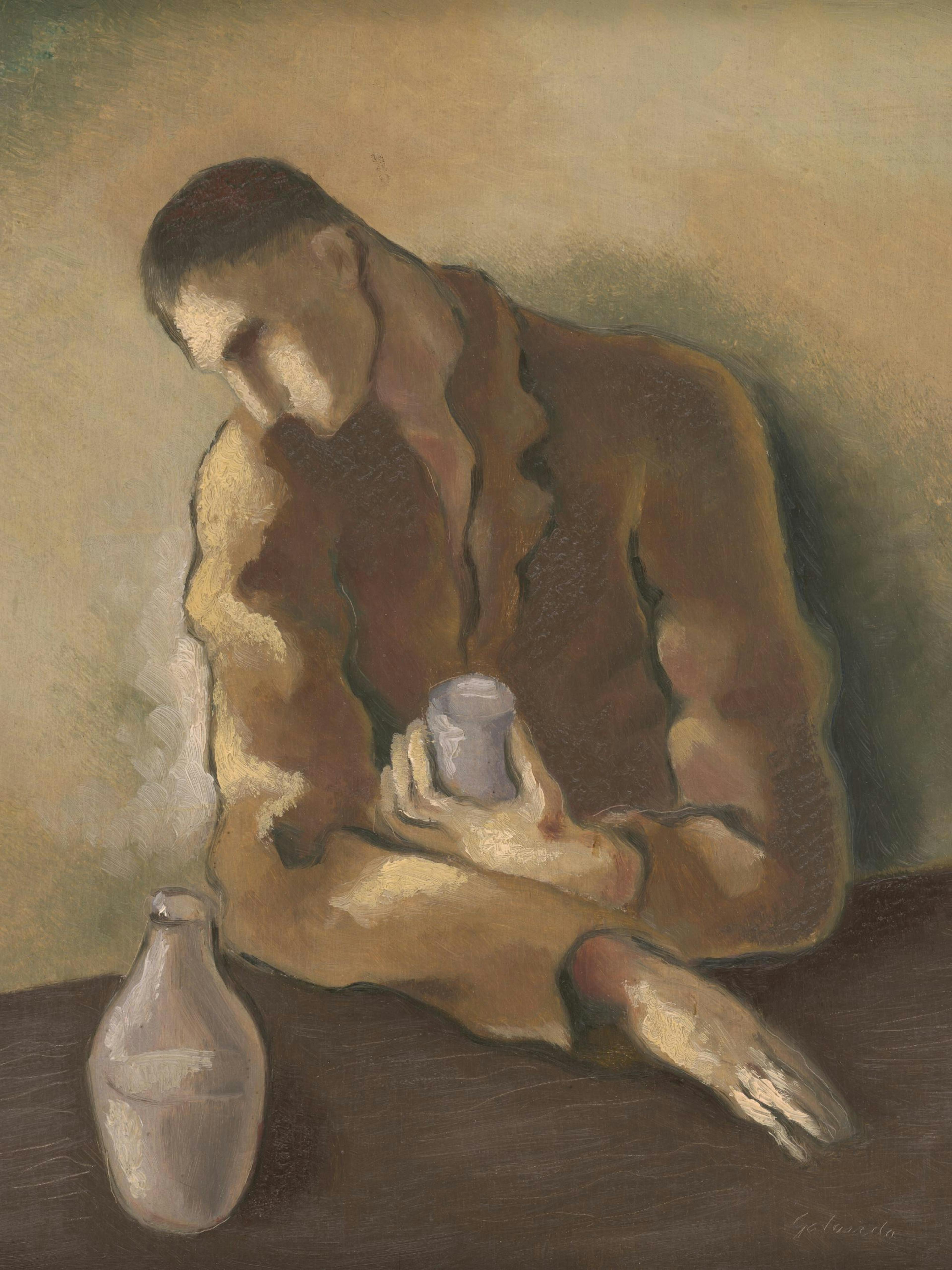 A print of a figure in a brown and beige top, holding a cup, with a bottle on a brown surface beside them.