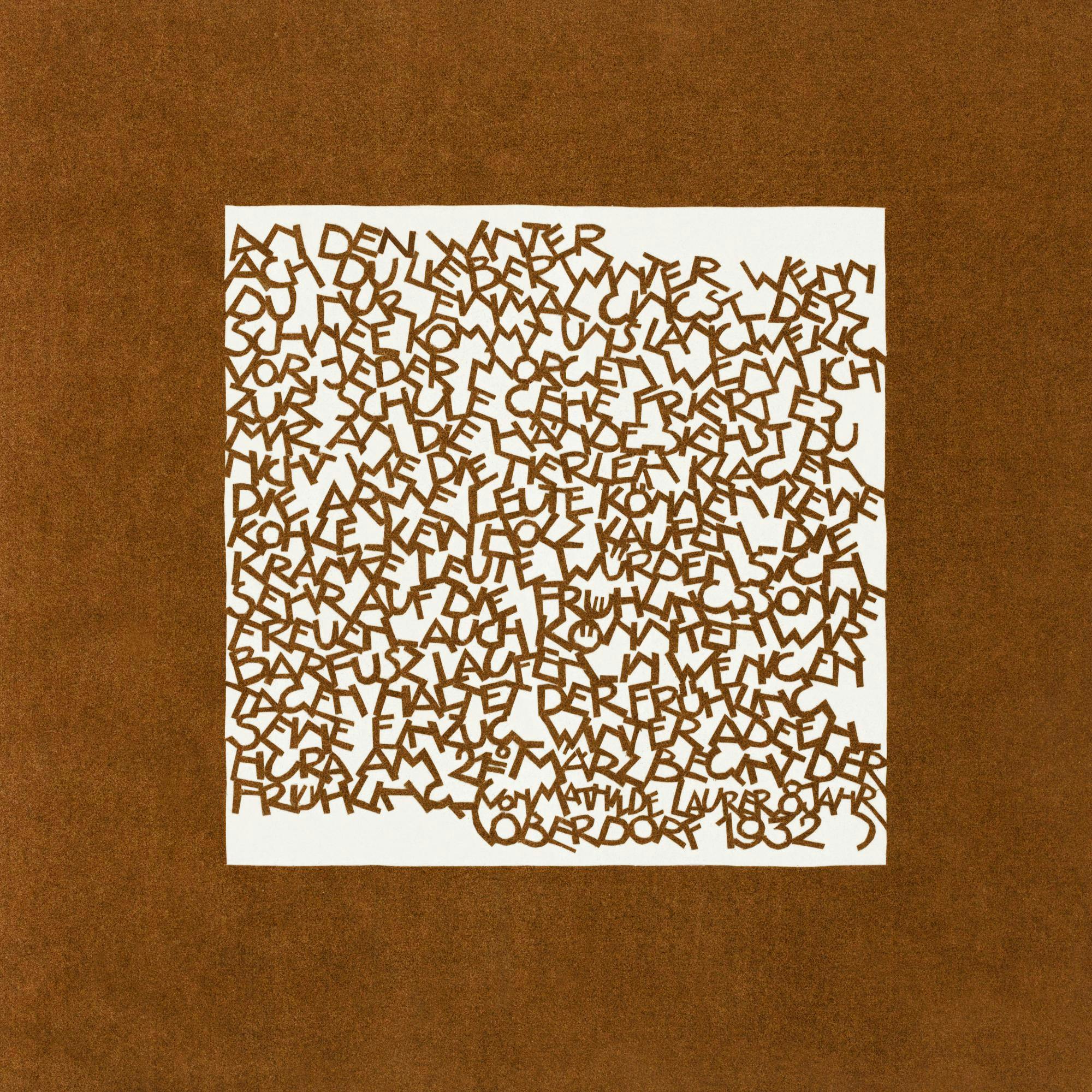 En poster med text i brun färg på vit bakgrund, omgiven av en bred, brun ram.