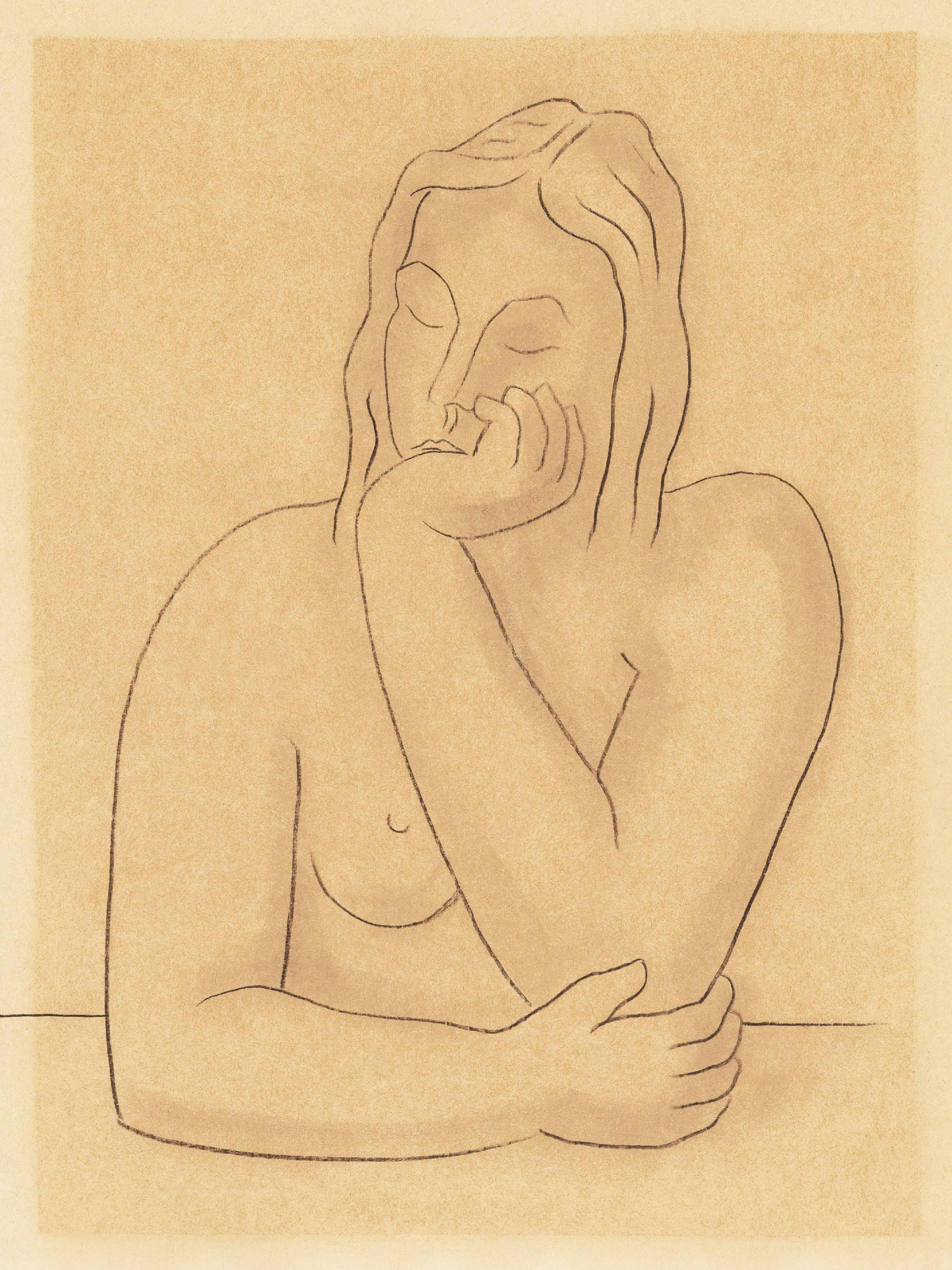 Póster de una mujer de arte lineal simple con los ojos cerrados, apoyando la barbilla en su mano, sobre un fondo tostado.
