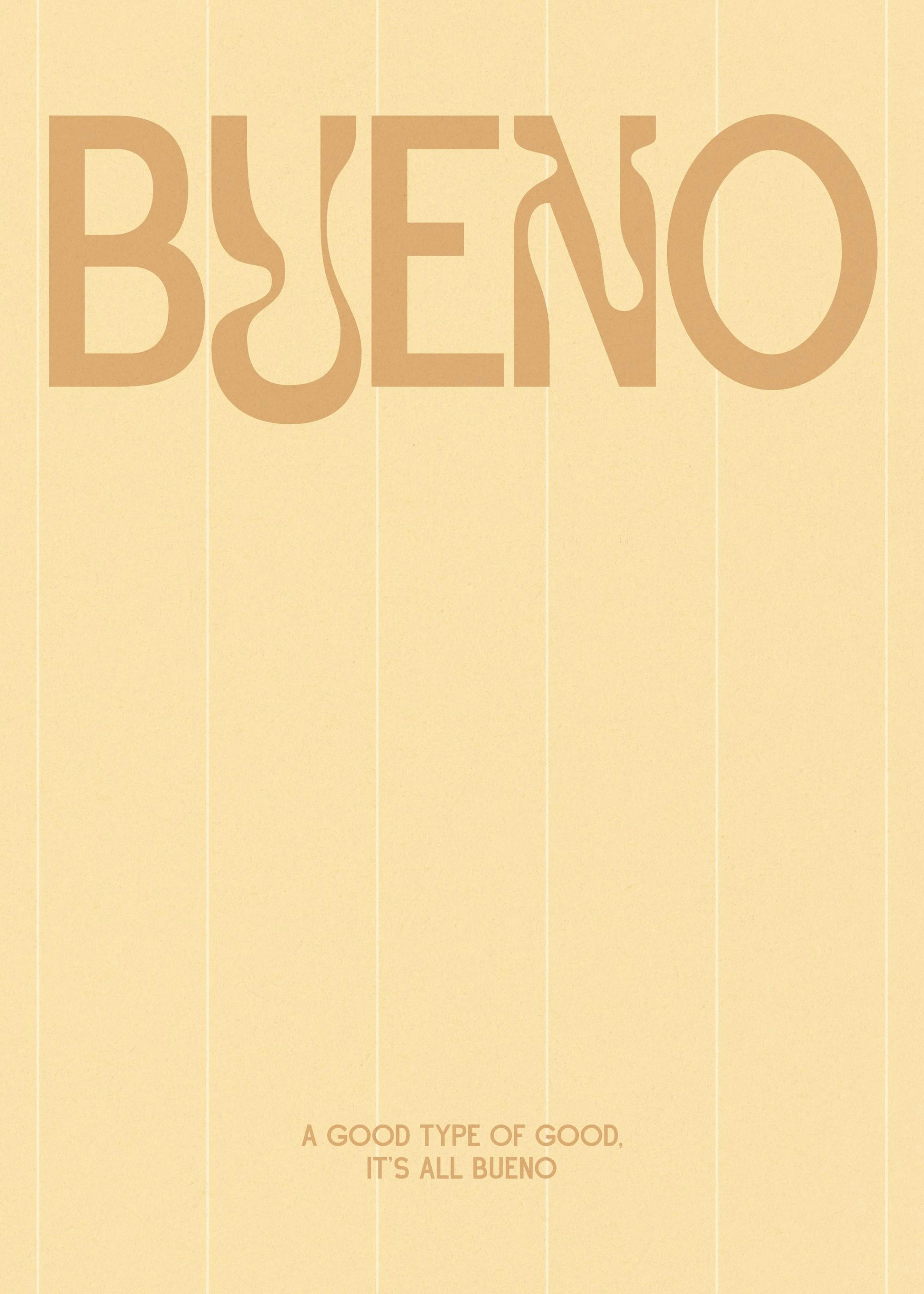 A minimalist print with the word BUENO in a wavy, light brown font on a beige background with subtle vertical lines.