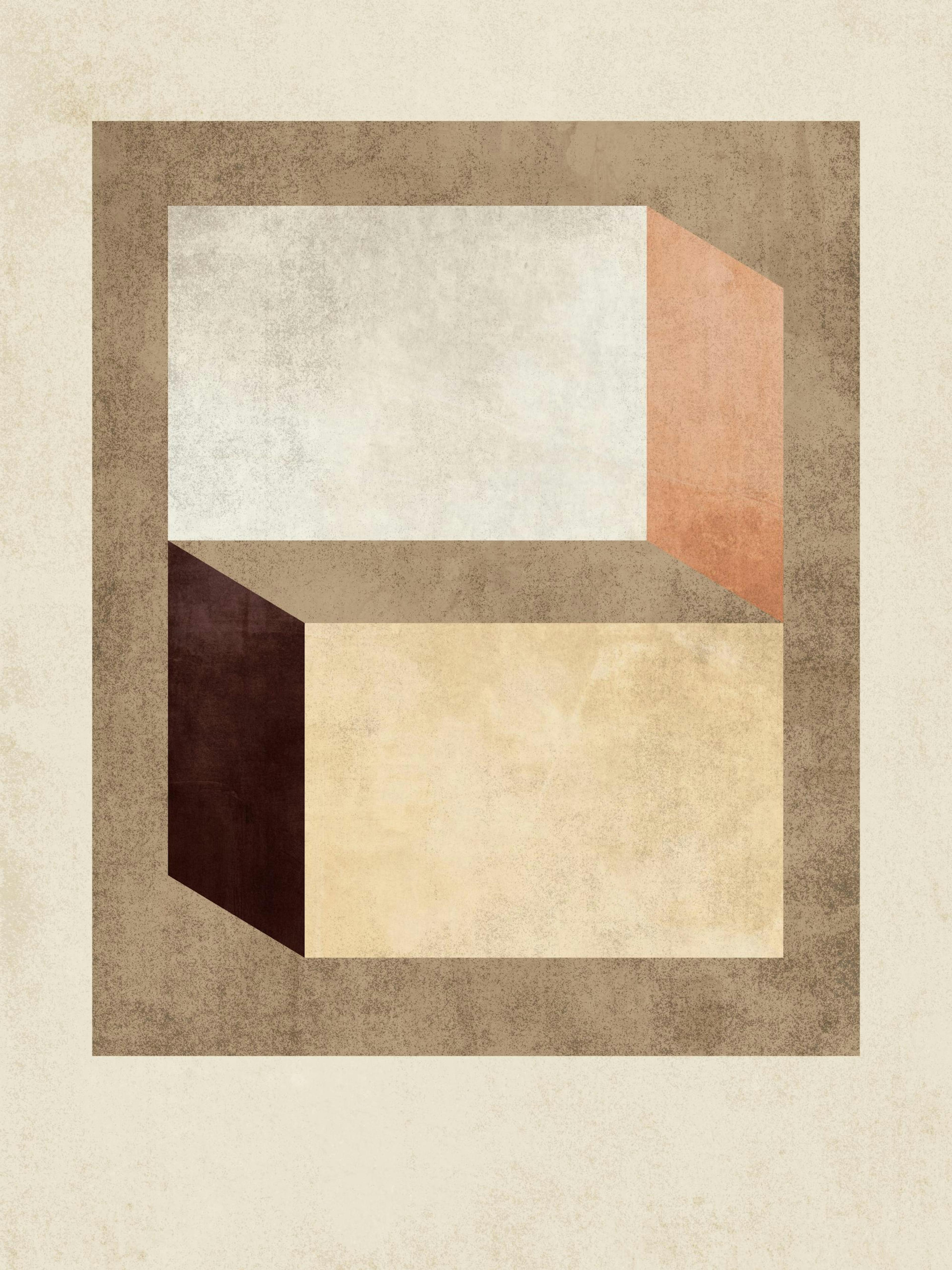Póster geométrico con bloques 3D en tonos beige, marrón y terracota, sobre un fondo texturizado.
