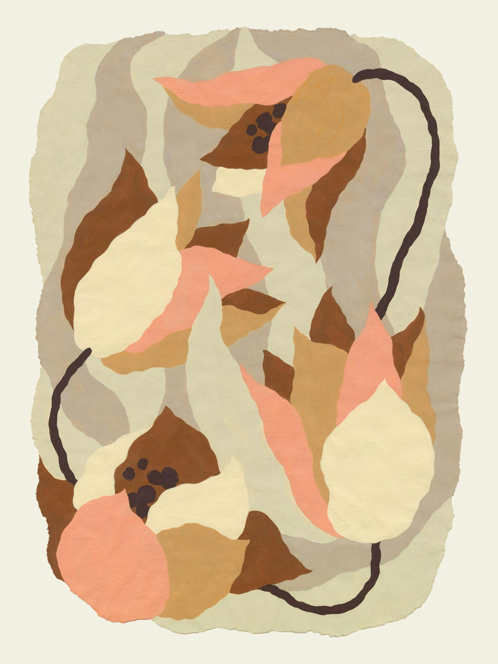 En poster med abstrakta blommor i nyanser av brunt, beige, rosa och gräddvitt mot en ljus bakgrund.