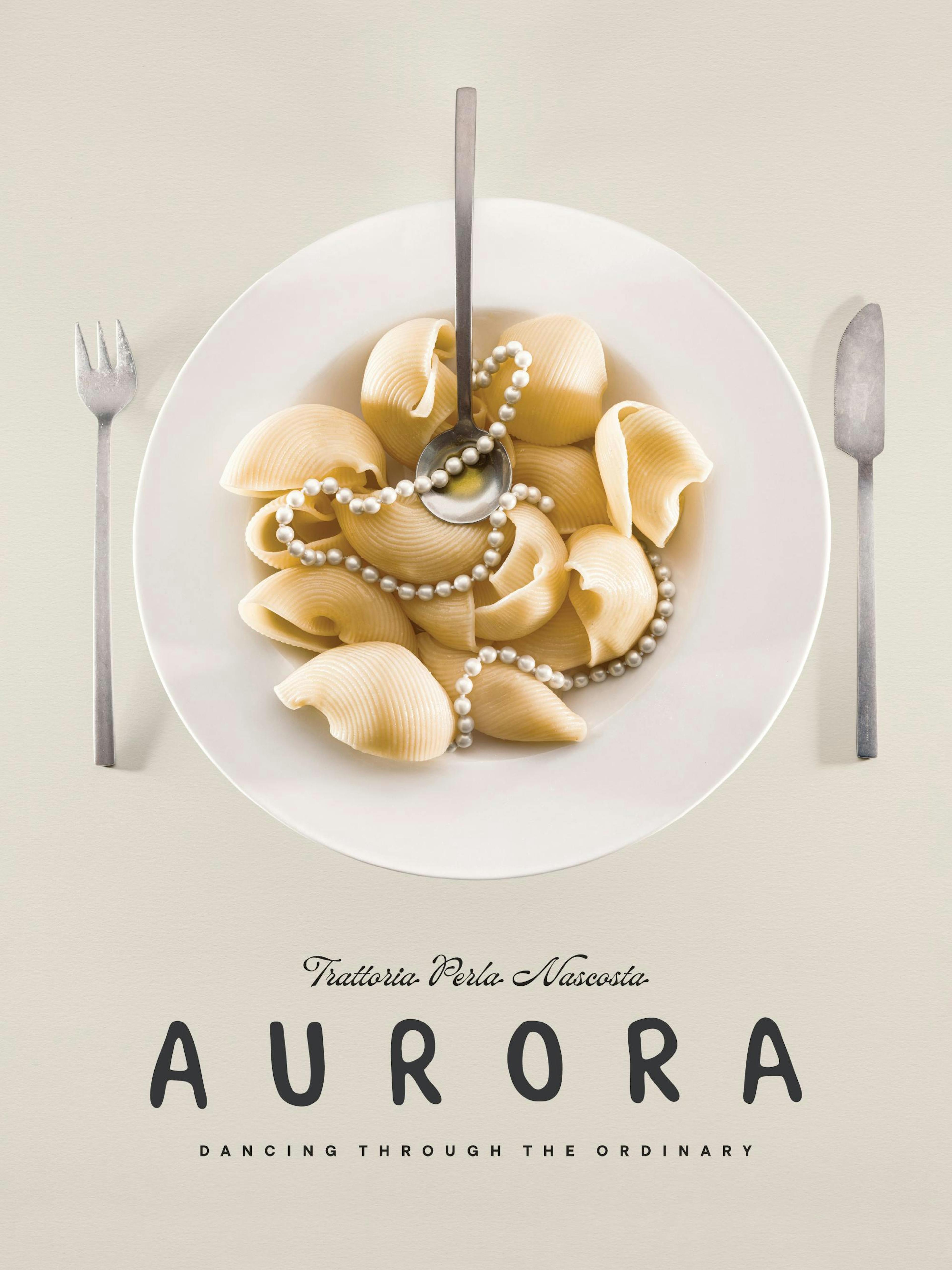 A print of a white plate filled with conchiglie pasta and a pearl necklace, with a fork and knife on the sides.