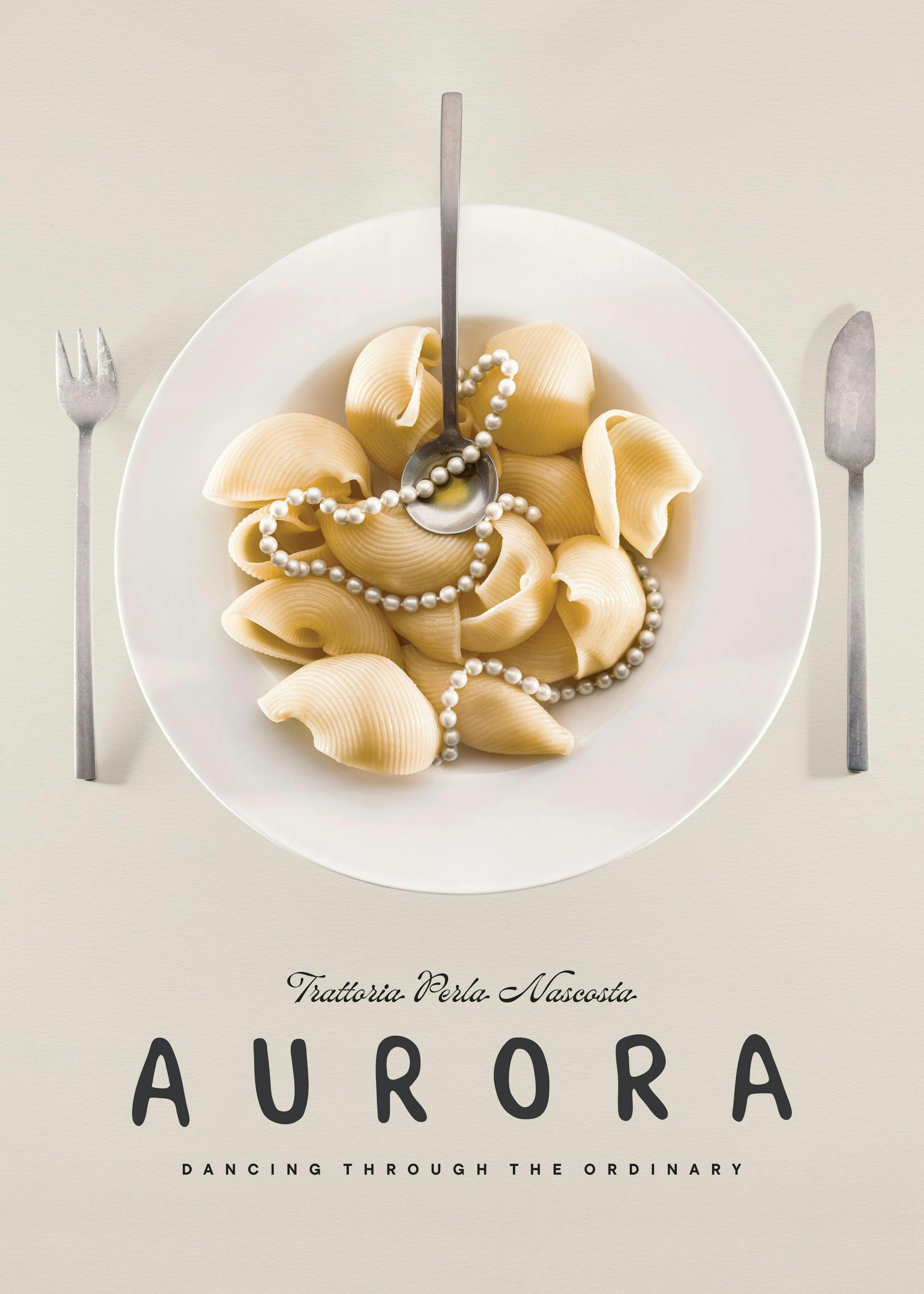 A print of a white plate filled with conchiglie pasta and a pearl necklace, with a fork and knife on the sides.